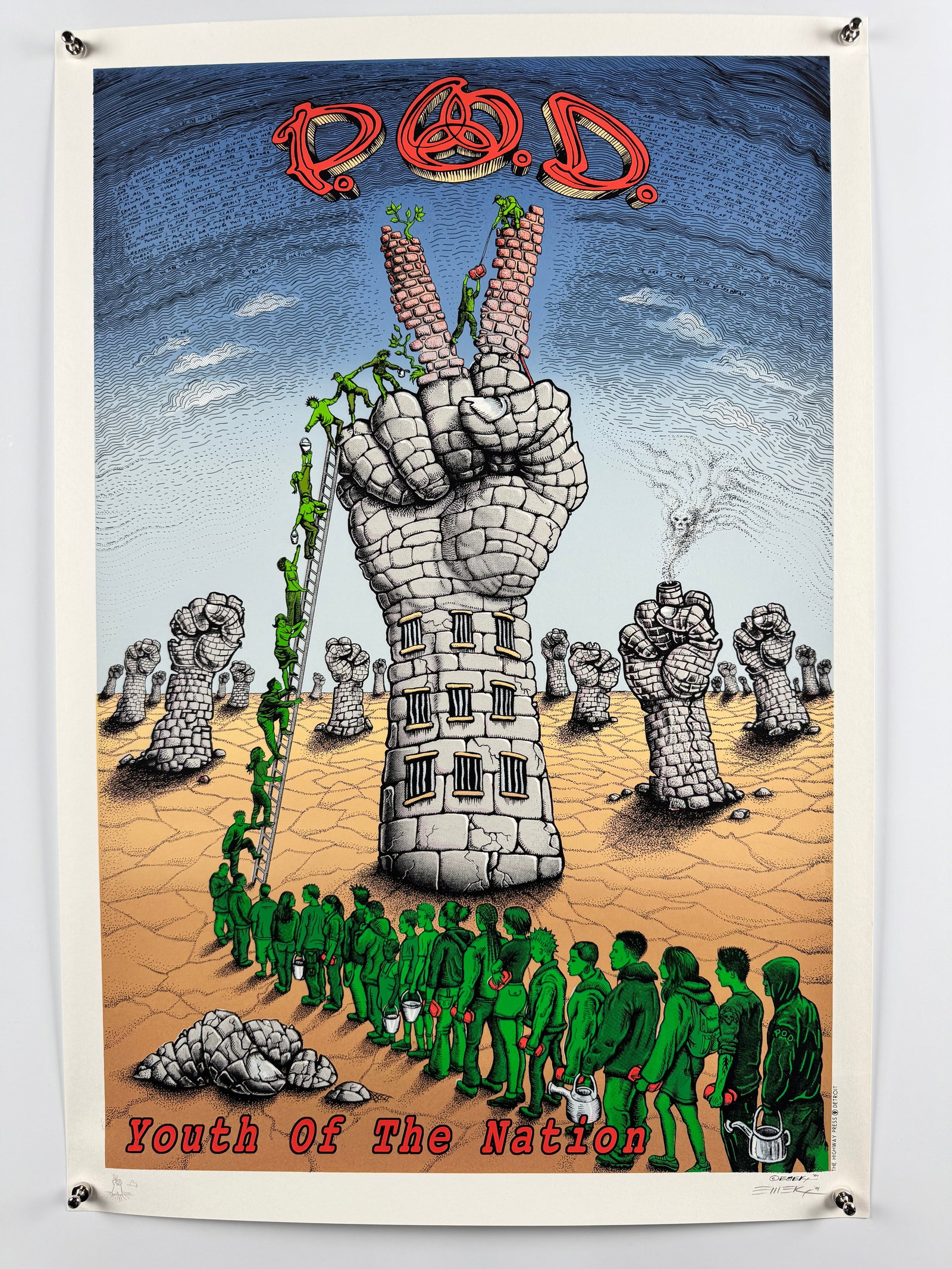 P.O.D. Youth of the Nation 2002 Original Concert Poster Signed Emek Screenprint: P.O.D. is an American nu metal band formed in San Diego, California, in 1992, whose 2001 single Youth of the Nation achieved significant international chart success. Emek is an American concert poster