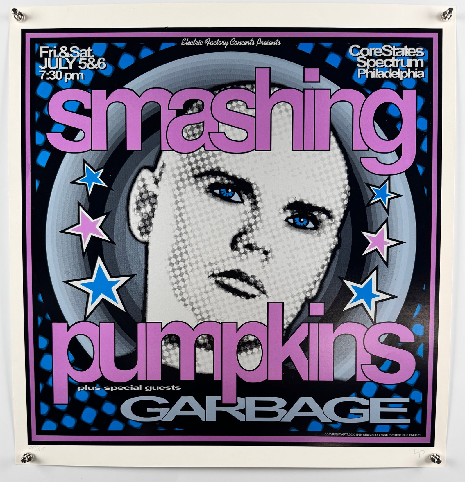 Smashing Pumpkins Garbage 1996 Original Concert Poster Spectrum Philadelphia Signed Hatch: The Smashing Pumpkins embarked on the Infinite Sadness tour in 1996 following the release of their multi-platinum album Mellon Collie and the Infinite Sadness. Lynne Porterfield is an American graphic