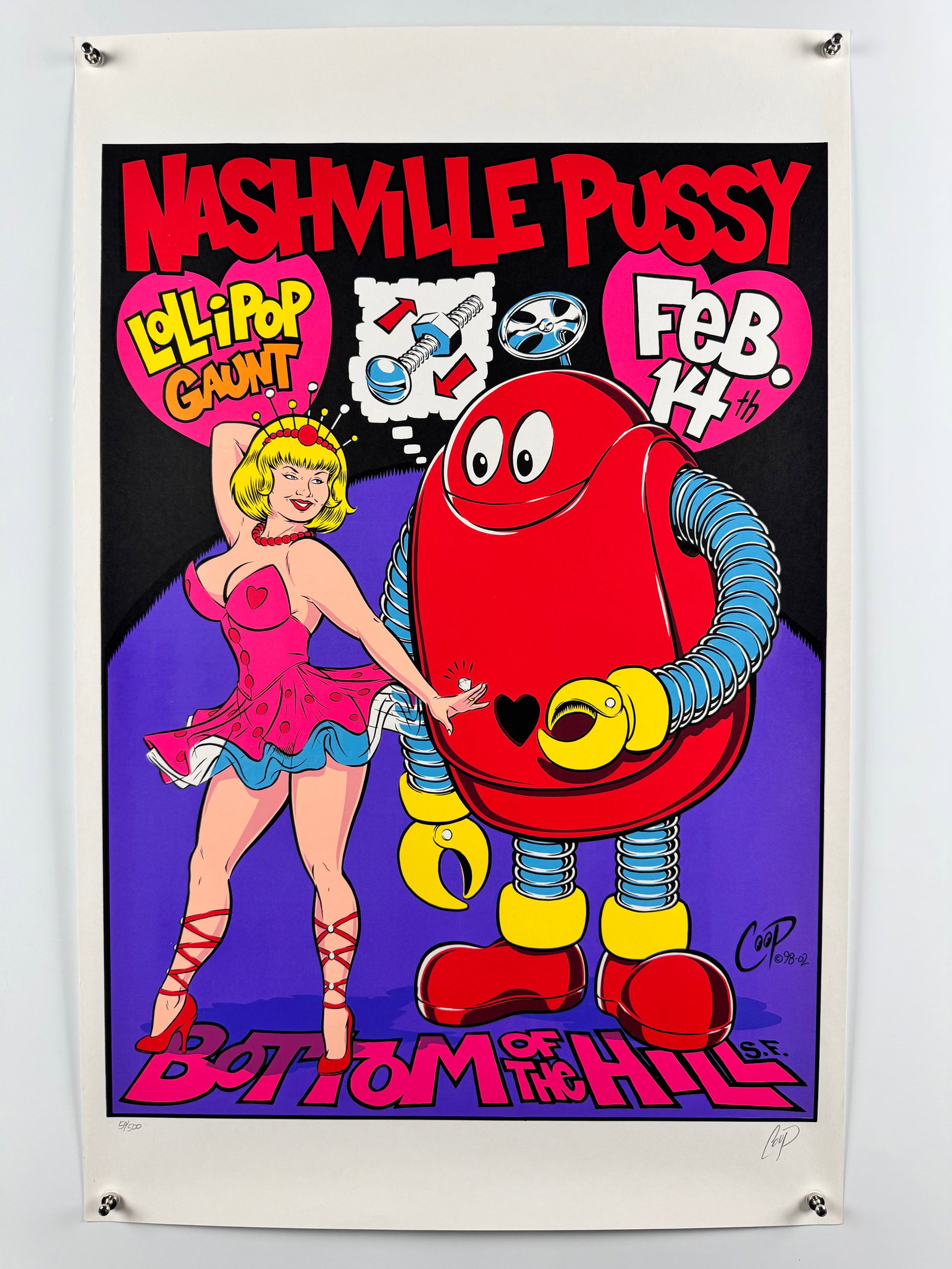 Nashville Pussy 1998 Original Concert Poster Bottom of the Hill San Francisco Signed COOP: Nashville Pussy is an American hard rock band formed in Atlanta, Georgia, in 1997, known for their high-energy performances. Chris Cooper, working under the moniker Coop, is a prominent lowbrow artist