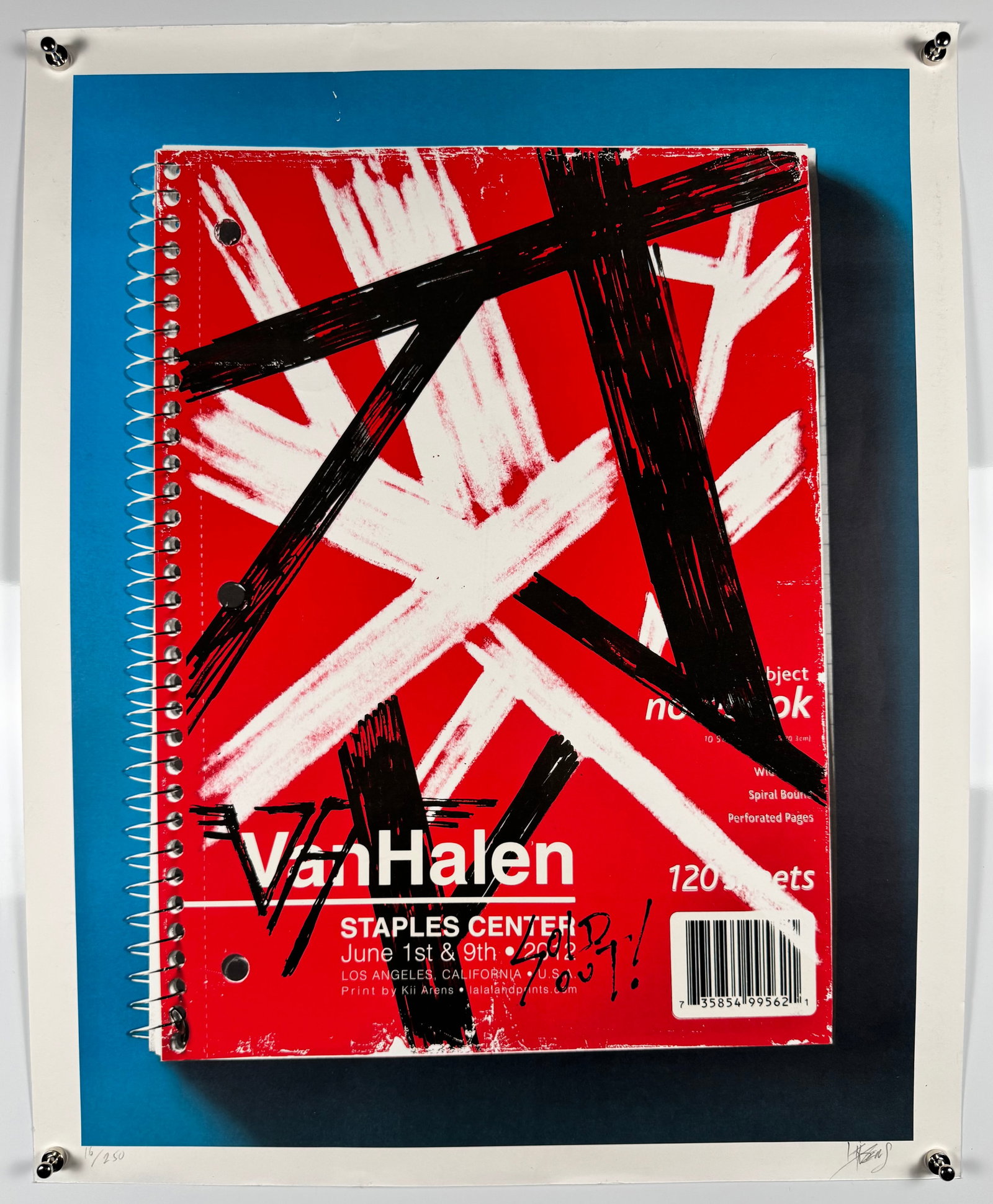 Kii Arens Van Halen Staples Center Signed Limited Edition Concert Print 15/250 Rock Art Poster: Limited edition Van Halen themed art print by artist Kii Arens referencing the band’s June 1st and 9th, 2012 Staples Center performances in Los Angeles. Features notebook imagery incorporating the V