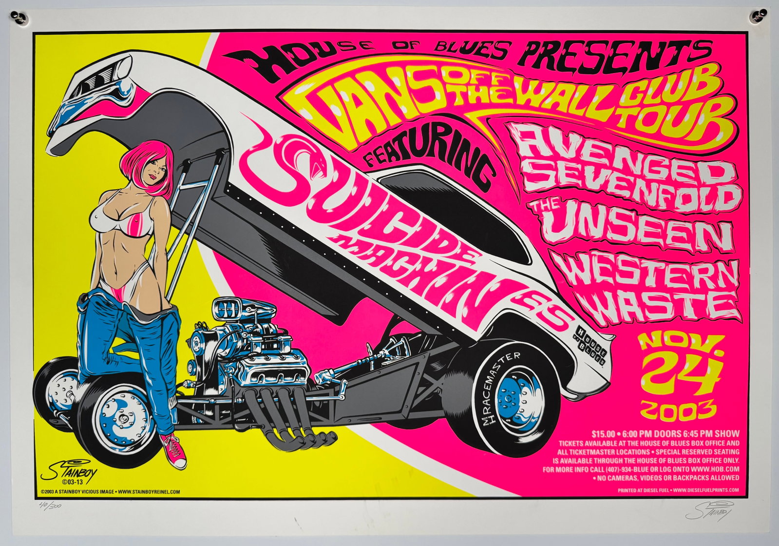 Greg Stainboy Reinel Vans Off The Wall Tour Signed Limited Edition Print 40/300 Skateboard Art: Signed limited edition silkscreen poster by artist Greg “Stainboy” Reinel created for the Vans Off The Wall Club Tour. Advertises performances by Suicide Machines, Avenged Sevenfold, The Unsee