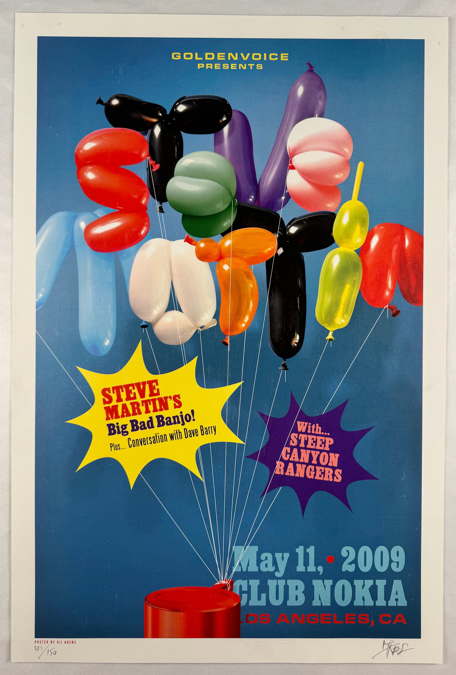 Kii Arens Steve Martin Big Bad Banjo Club Nokia Signed Poster 2009 101/150: Limited edition concert poster by Kii Arens for Steve Martin Big Bad Banjo at Club Nokia, Los Angeles, May 11, 2009. Hand numbered from an edition of 150.