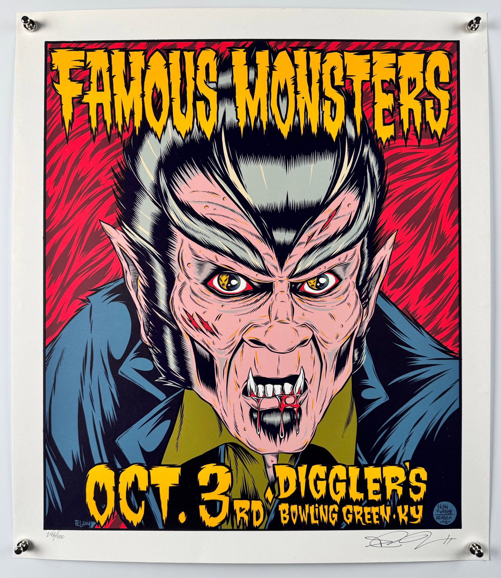 Alan Forbes Famous Monsters Digglers Original Concert Poster Bowling Green KY Signed Numbered: Alan Forbes is an American graphic artist based in San Francisco, California. He is best known for his hand-drawn concert posters, album covers, and artwork for rock bands including The Black Crowes, 