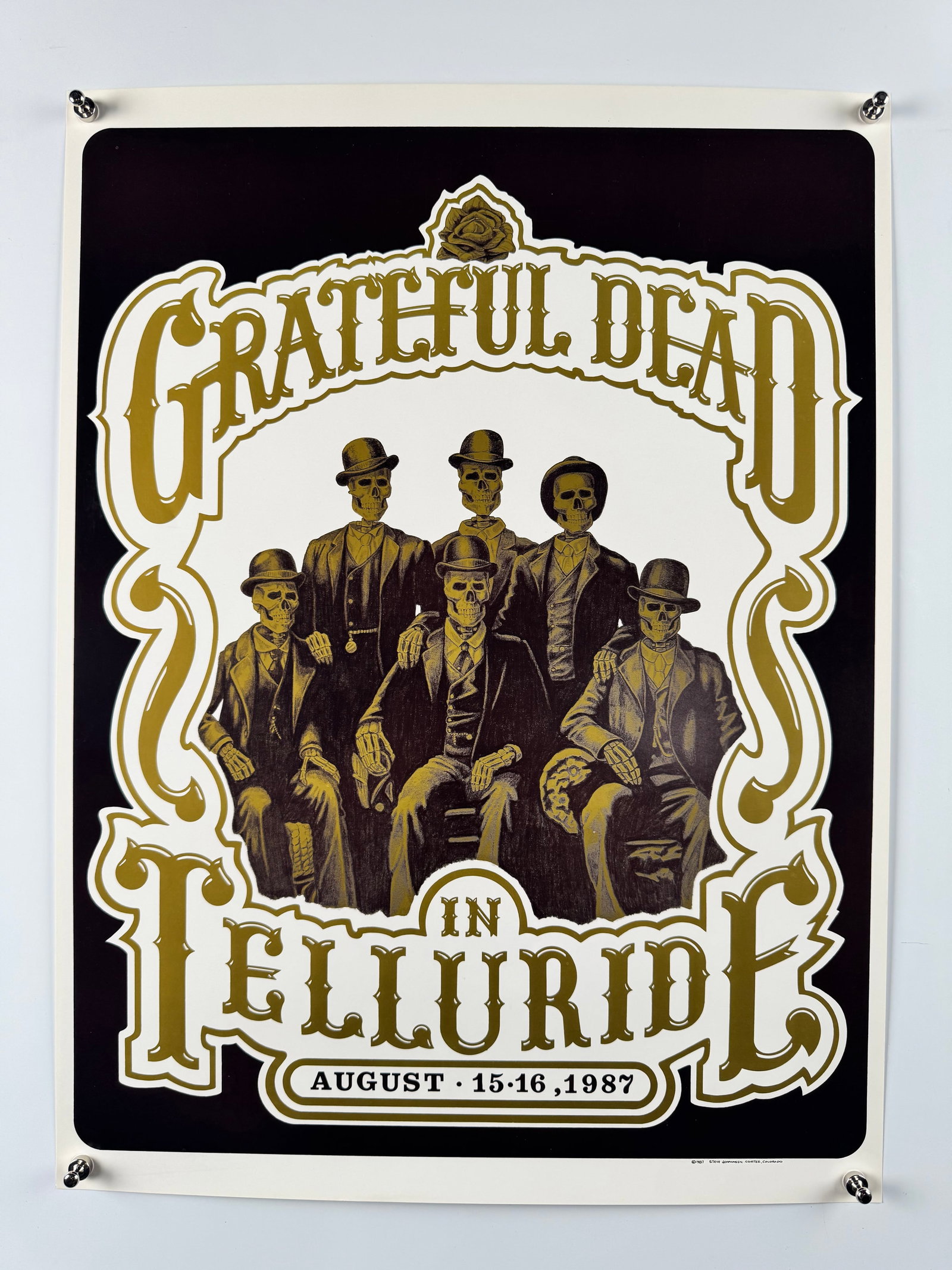 Grateful Dead In Telluride August 15 16 1987 Concert Poster: The Grateful Dead was an American rock band formed in 1965 in Palo Alto, California. The band was known for its eclectic style, which fused elements of rock, folk, country, bluegrass, blues, and jazz,