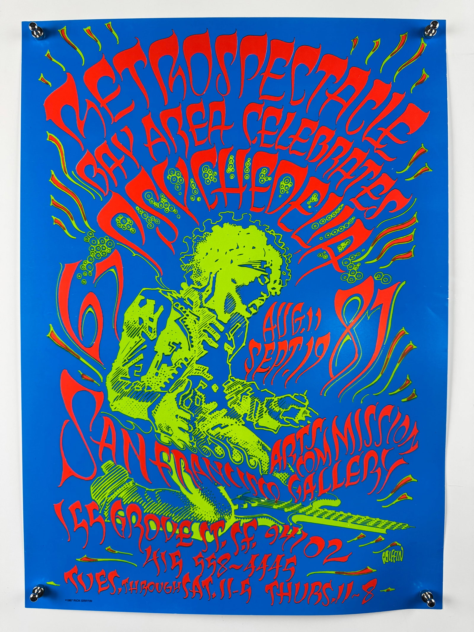 Rick Griffin Retrospectacle Bay Area Celebrates Psychedelia 1987 Exhibition Poster: Rick Griffin (1944–1991) was an American artist and one of the leading designers of 1960s psychedelic rock posters. He was a prominent contributor to Zap Comix and created iconic artwork for the Gra
