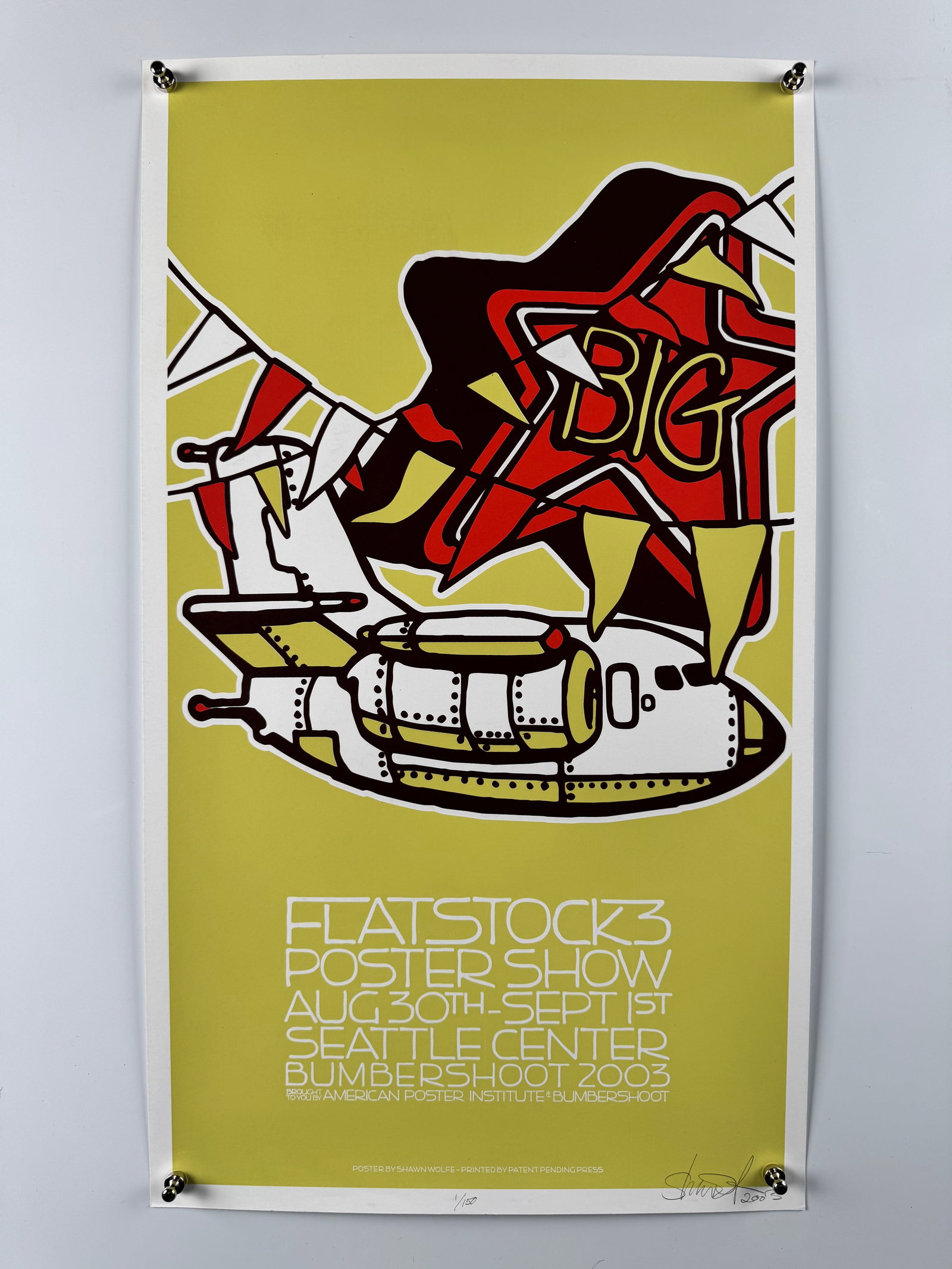 Shawn Wolfe Flatstock 3 Poster Show Bumbershoot Seattle 2003 Signed Screenprint: Shawn Wolfe is an American graphic designer, illustrator, and artist based in Seattle, Washington. He is known for creating conceptual art products, promotional posters, and concert prints, as well as