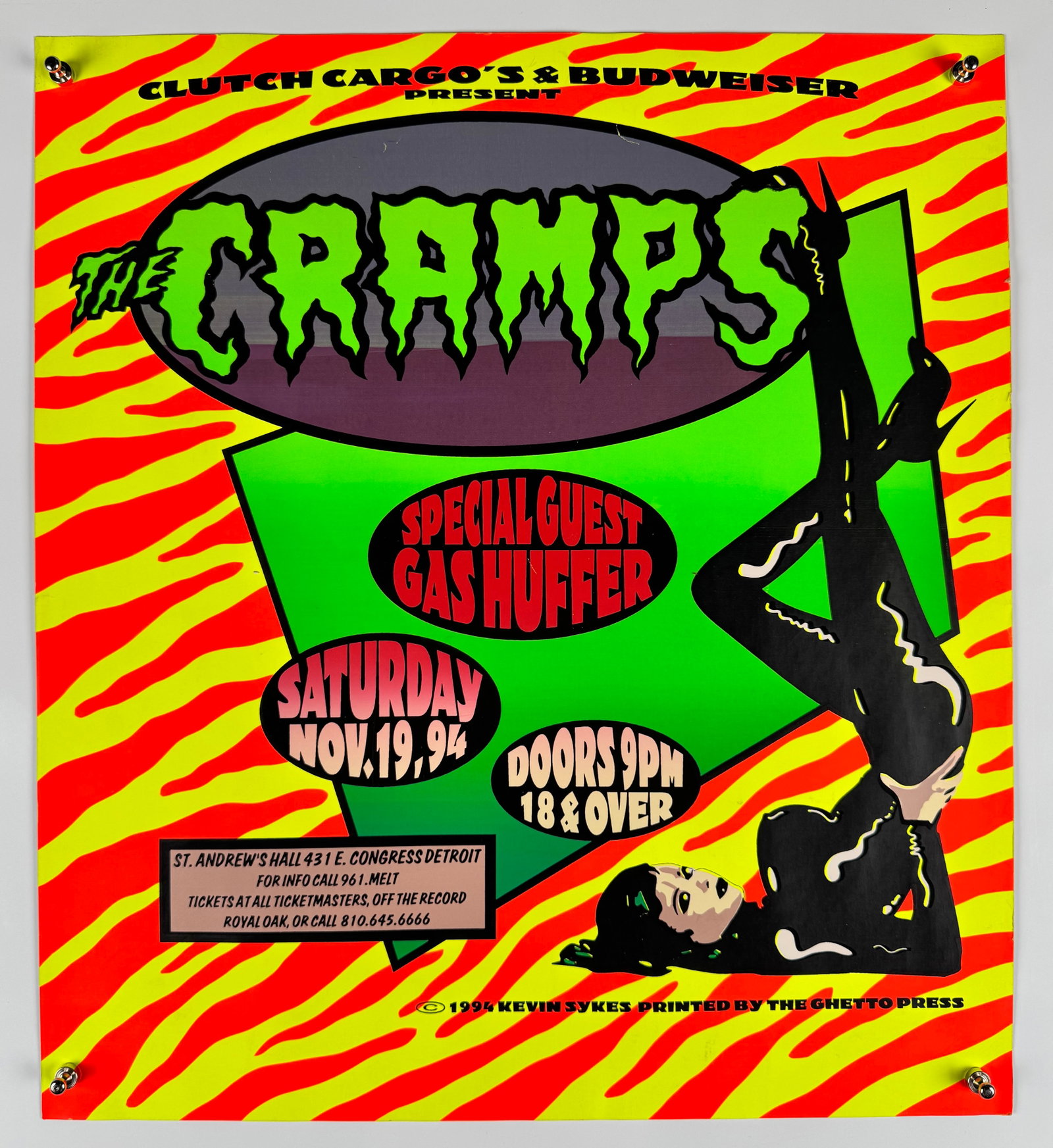 The Cramps Gas Huffer St. Andrew's Hall Detroit 1994 Concert Poster Kevin Sykes Ghetto Press: Original concert poster for The Cramps with special guest Gas Huffer at St. Andrew's Hall in Detroit on November 19, 1994. Features artwork by Kevin Sykes and was printed by Ghetto Press. Shows light 