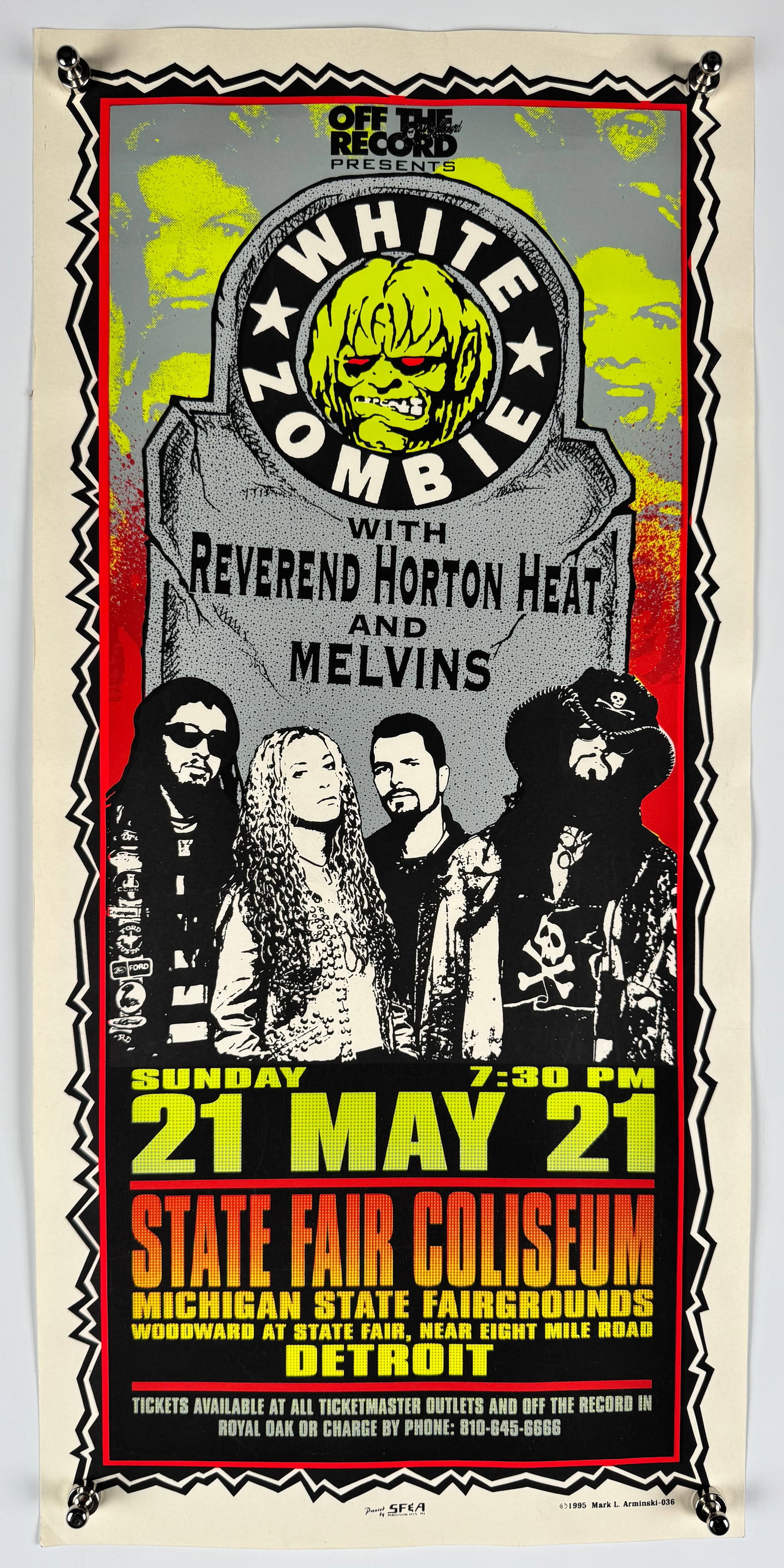 Mark Arminski White Zombie Reverend Horton Heat Melvins 1995 Detroit Concert Poster MA-036 Signed: Original concert poster for White Zombie with Reverend Horton Heat and the Melvins at the State Fair Coliseum on May 21, 1995. Features artwork by Mark Arminski, identified as MA-036, and signed in pe