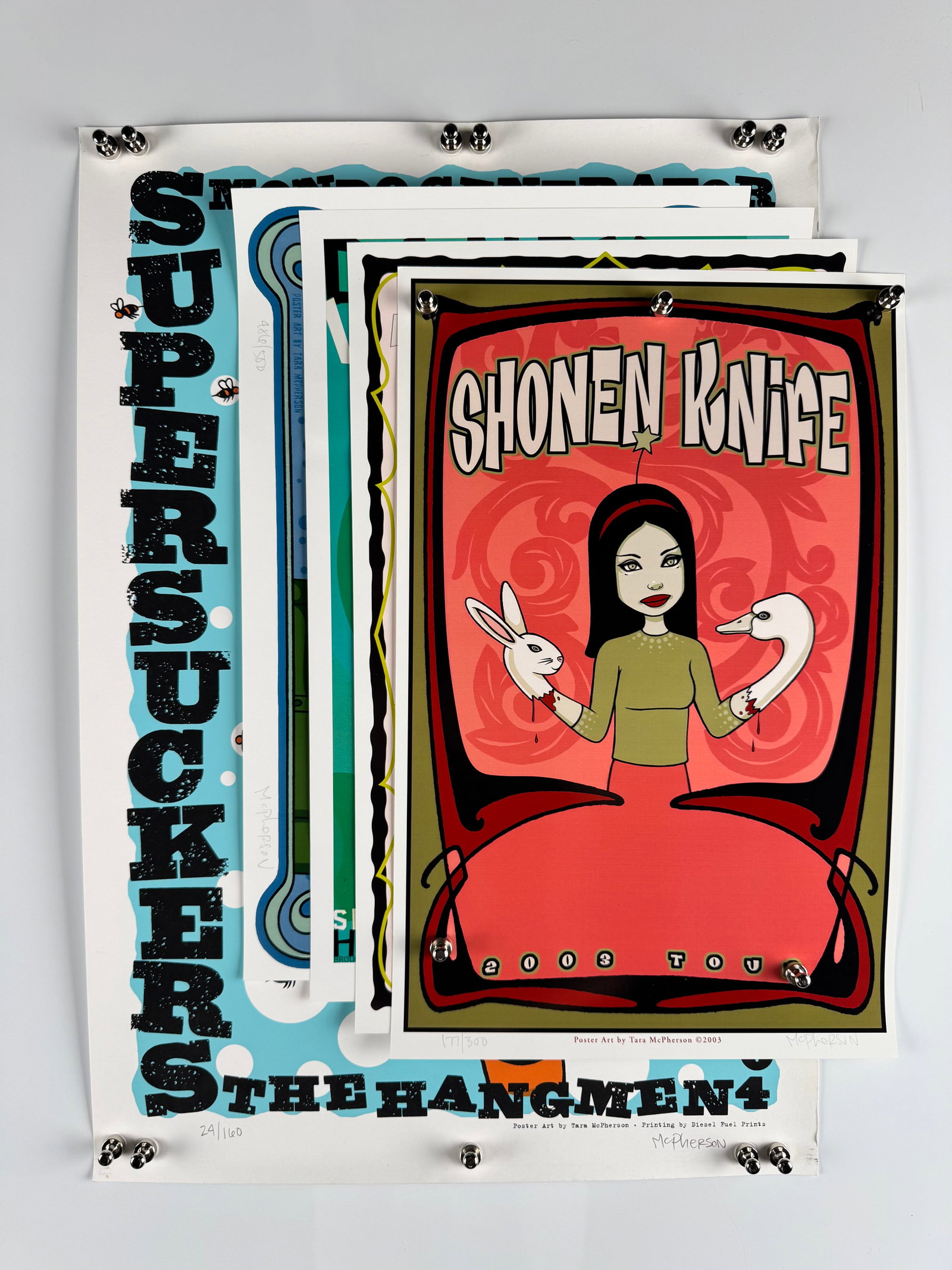 Tara McPherson Concert Posters Lot of 5 Signed Numbered Supersuckers Dandy Warhols Shonen Knife: Lot of five concert posters illustrated by Tara McPherson, including posters for Supersuckers, Shonen Knife, The Dandy Warhols, Elvis Costello, and The Stitches with The Fakes and The New Detectives. 
