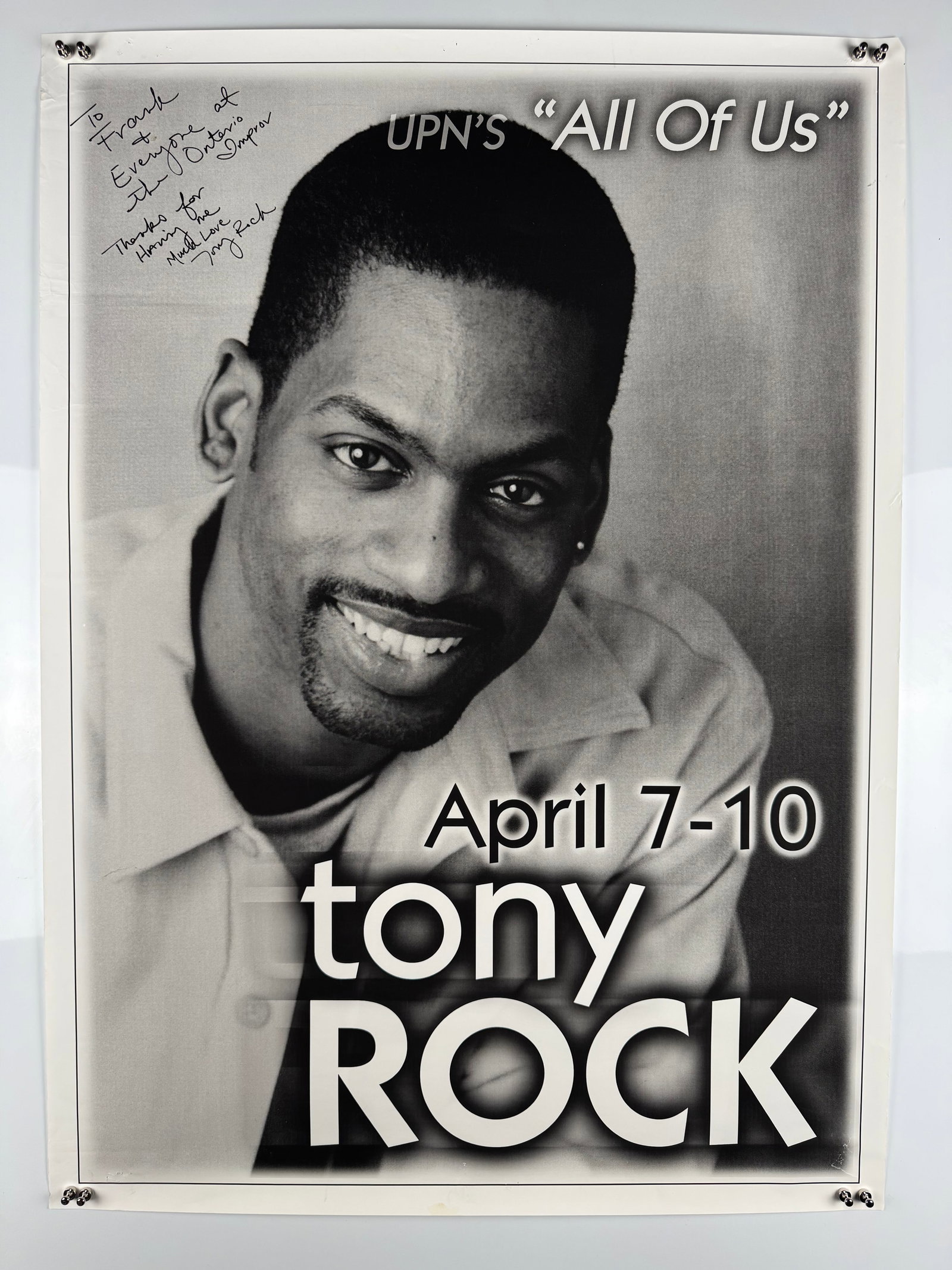 Tony Rock Everybody Hates Chris All of Us Signed 2005 Irvine Improv Comedy Poster: Tony Rock is a comedian and actor who portrayed Dirk Black on the UPN and CW sitcom All of Us. His television credits also include Everybody Hates Chris, Living Biblically and The Tony Rock Project. R