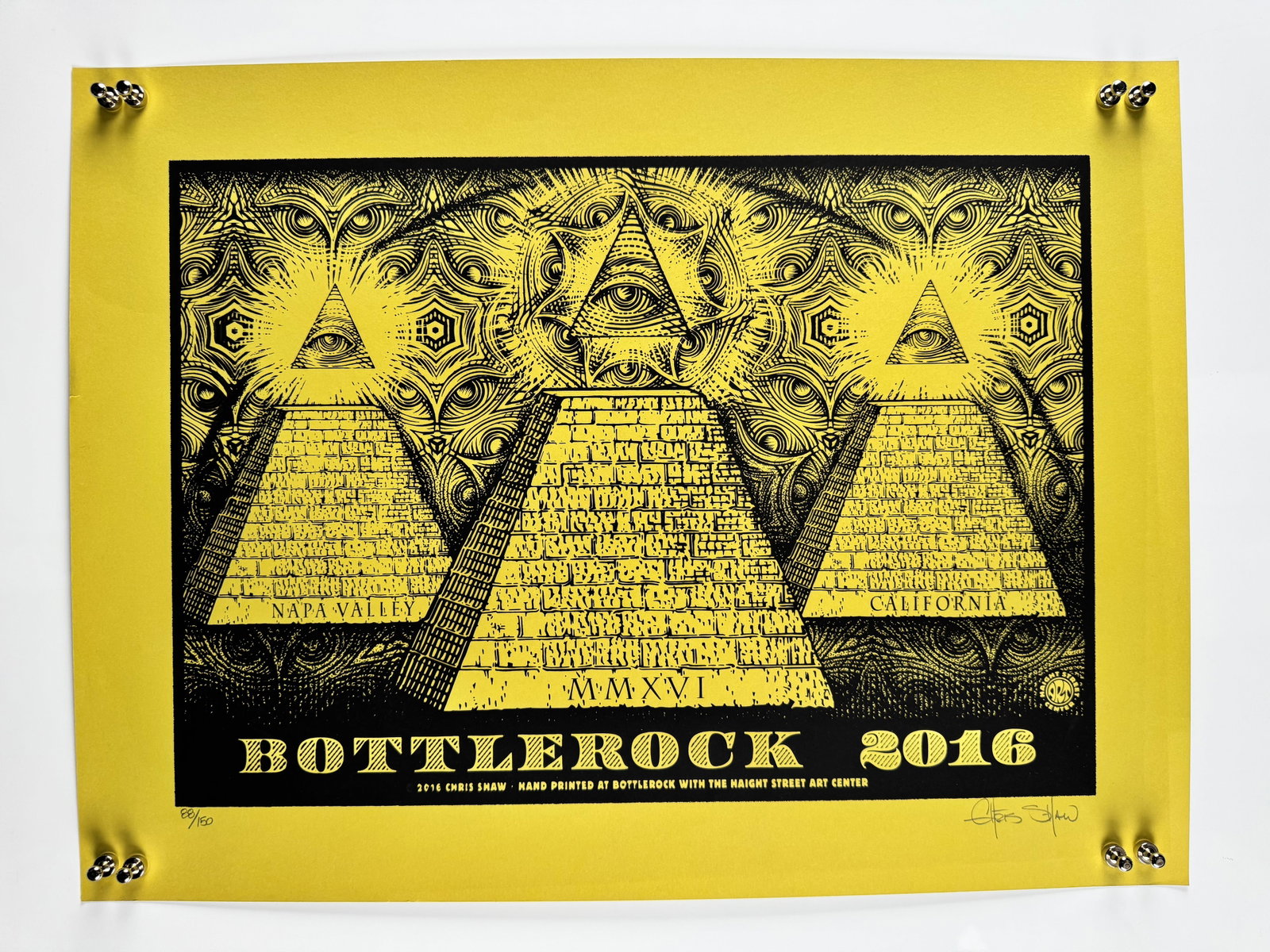 Chris Shaw BottleRock Napa Valley 2016 Hand Printed Signed Numbered Poster: Hand-printed concert poster by Chris Shaw created for BottleRock Napa Valley 2016. Pencil signed and numbered 88/150 by the artist. Printed at BottleRock with the Magnet Street Art Center.