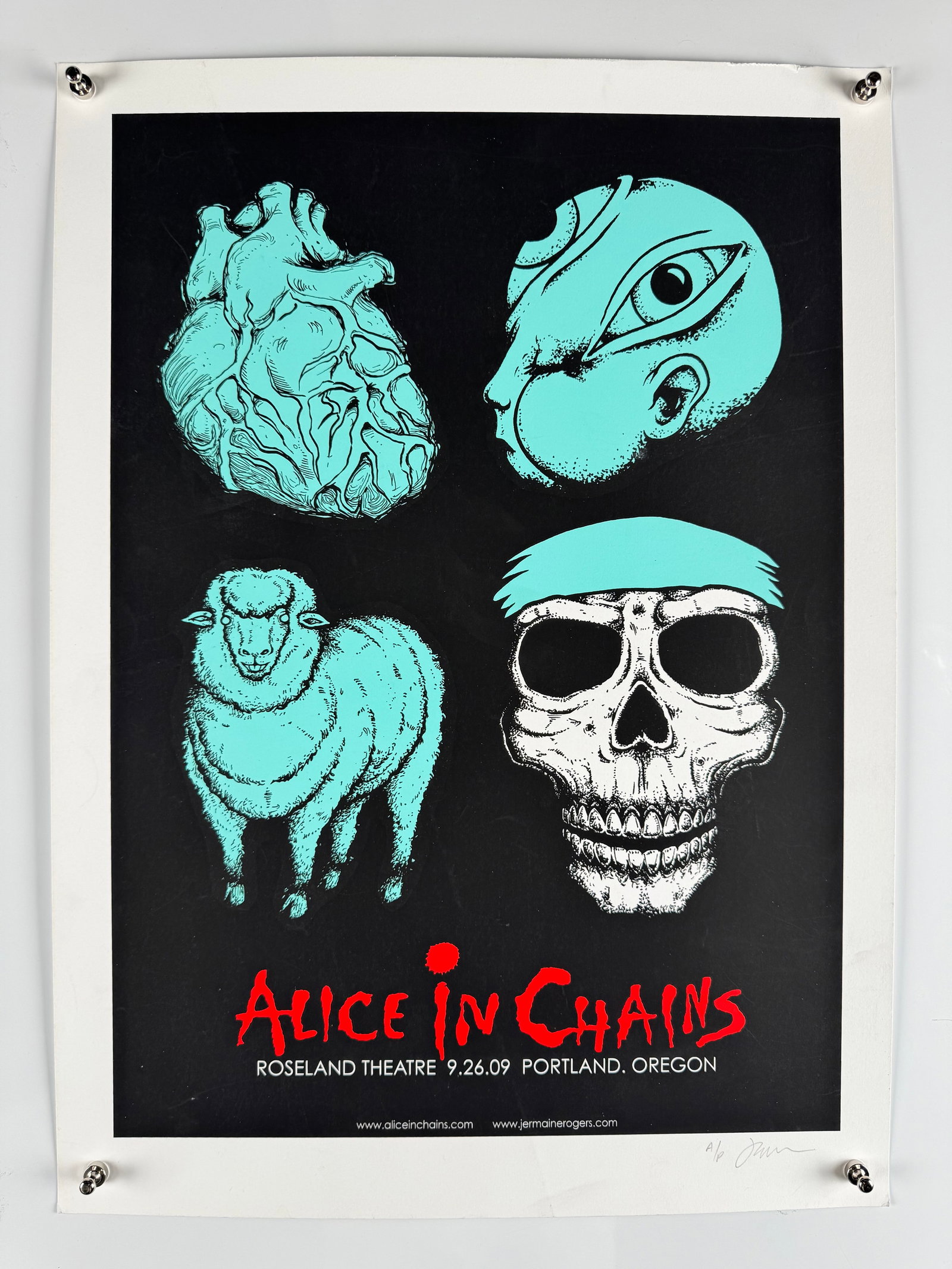 Alice In Chains Roseland Theatre 2009 Artist Proof Concert Poster: Artist Proof concert poster for Alice In Chains at the Roseland Theatre, Portland, Oregon, September 26, 2009. Pencil marked A/P and signed by the artist. Features striking skull and anatomical imager