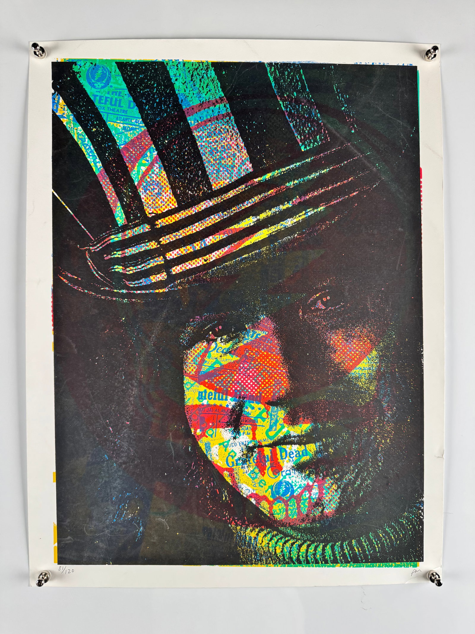 Grateful Dead Pop Art Signed Numbered Screenprint Portrait: Contemporary pop art portrait inspired by the Grateful Dead featuring layered psychedelic imagery. Pencil signed and numbered 8/20 by the artist. Printed in a colorful limited edition screenprint styl
