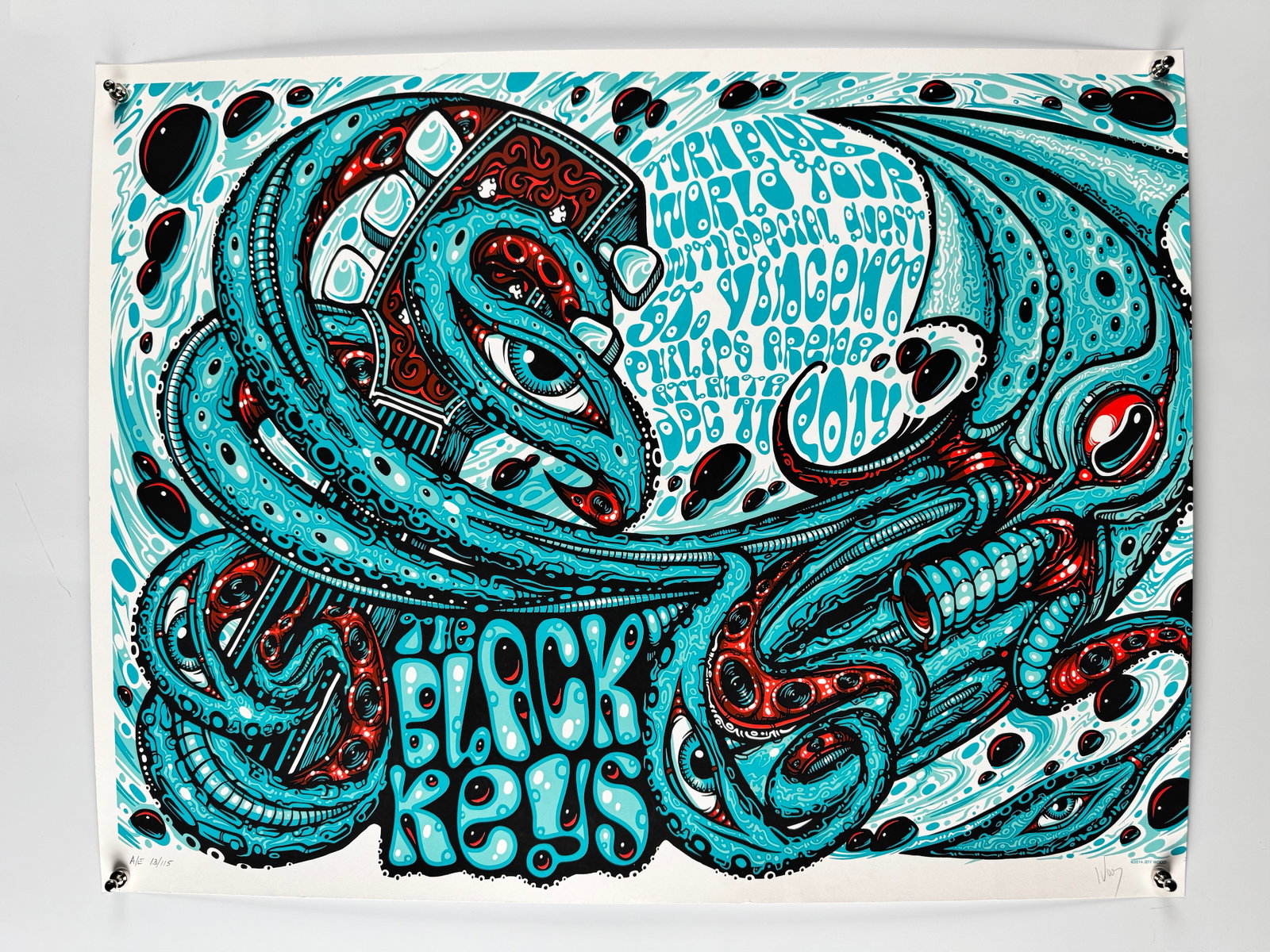 The Black Keys First Avenue Minneapolis 2014 Signed Numbered Concert Poster by Alan Forbes 13/115: Limited edition concert poster for The Black Keys at First Avenue in Minneapolis, Minnesota, commemorating the December 5, 2014 performance. Features a striking octopus-inspired psychedelic design by 