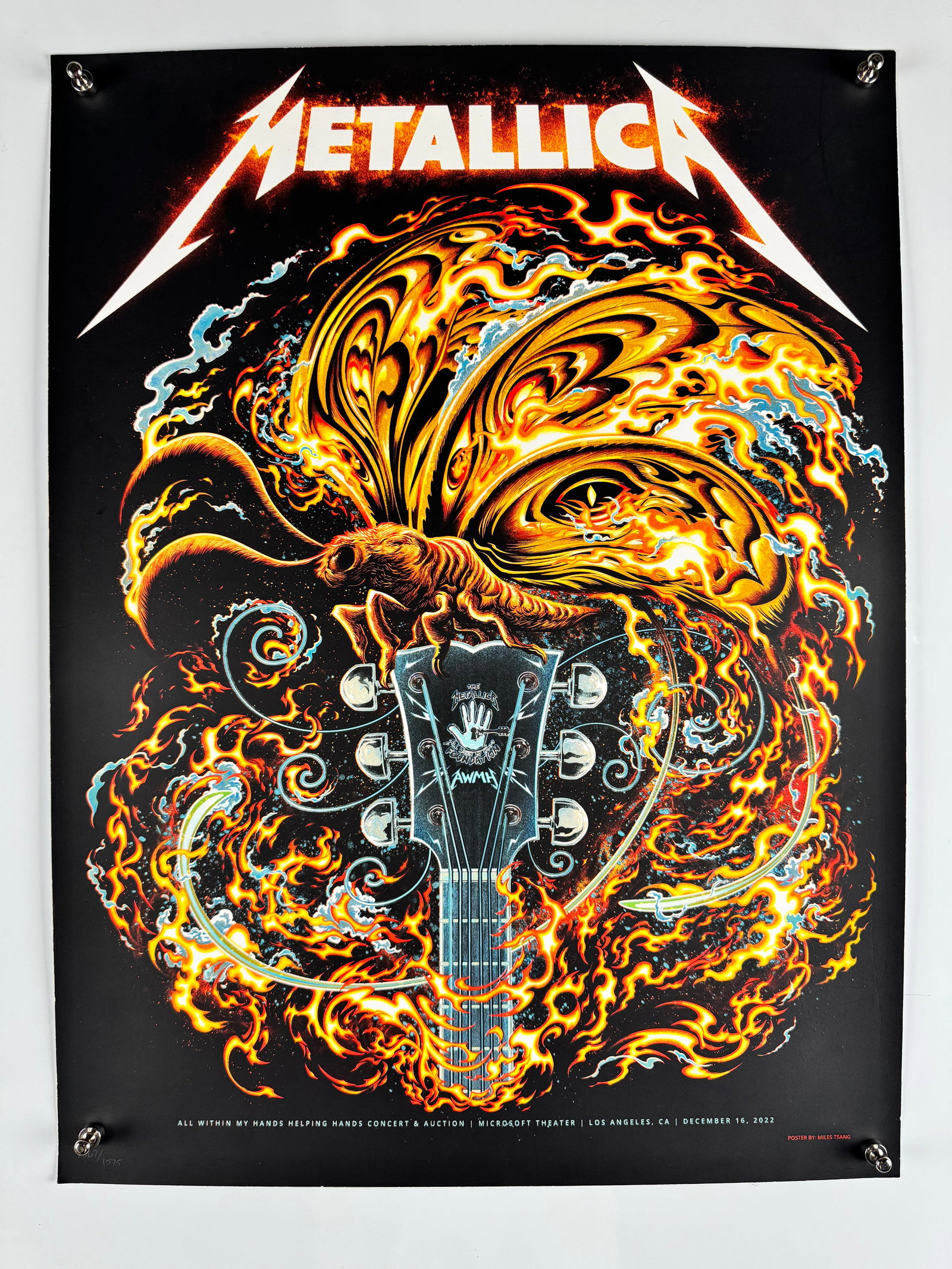 Metallica All Within My Hands Helping Hands Concert & Auction 2022 Signed Numbered Poster by Miles: Limited edition Metallica All Within My Hands Helping Hands Concert & Auction poster for the December 16, 2022 benefit performance at the Microsoft Theater in Los Angeles, California. Features dramati