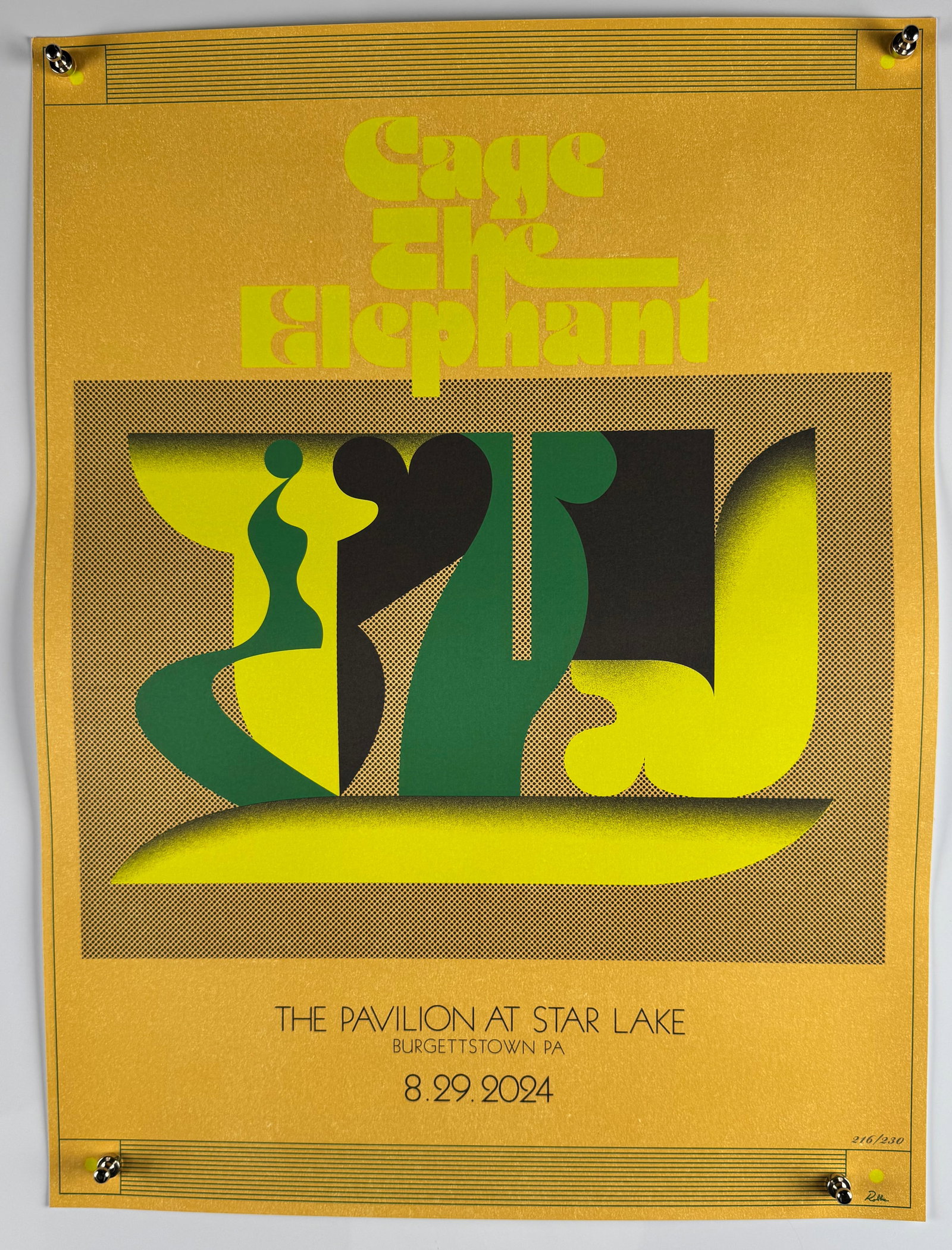 Cage the Elephant Burgettstown 2024 Signed Numbered Foil Concert Poster: Limited edition metallic foil concert poster for Cage the Elephant at The Pavilion at Star Lake, Burgettstown, Pennsylvania, August 29, 2024. Pencil signed and numbered 216/230.