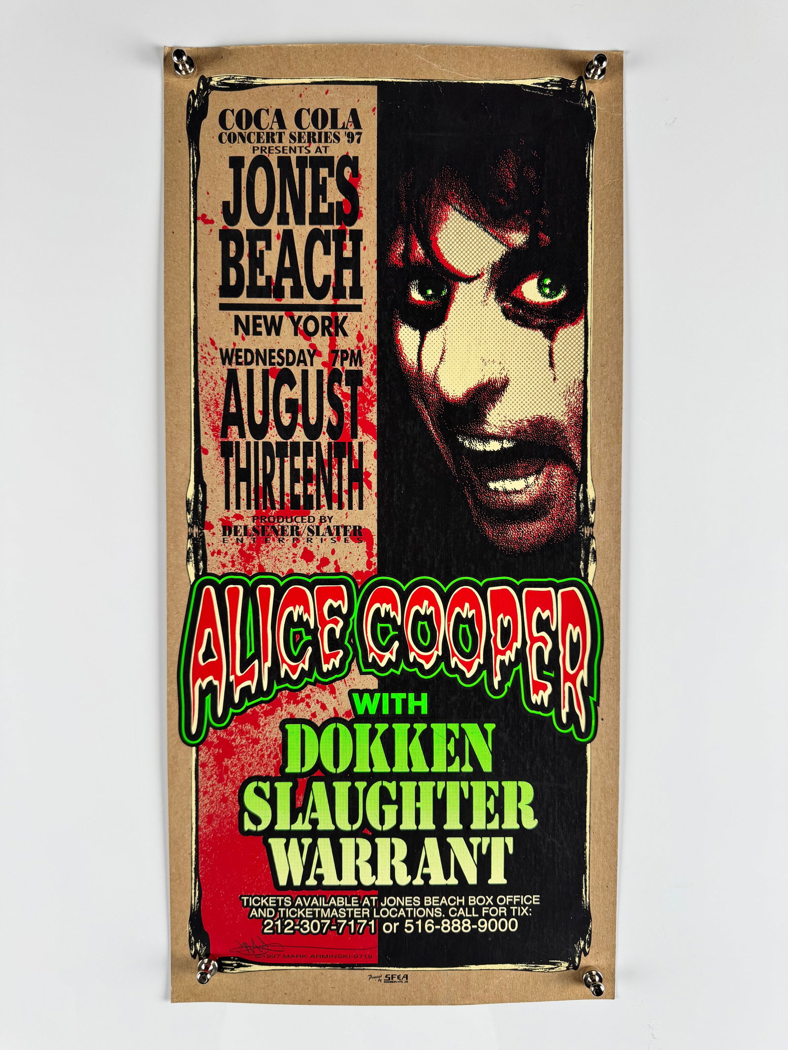 Alice Cooper Jones Beach 1997 Mark Arminski Concert Poster: Concert poster for Alice Cooper with Dokken, Slaughter and Warrant at Jones Beach, New York, August 13, 1997. Features artwork by Mark Arminski printed on kraft stock.