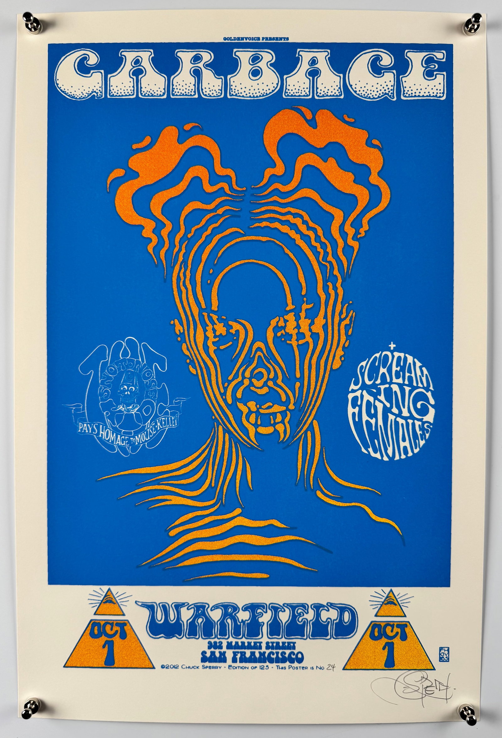 Garbage Screaming Females 2012 Warfield Concert Poster Chuck Sperry Signed Screen Print: Signed Chuck Sperry concert poster for Garbage with Screaming Females at The Warfield in San Francisco on October 1, 2012, during Garbage's Not Your Kind of People tour. Garbage's classic lineup is si