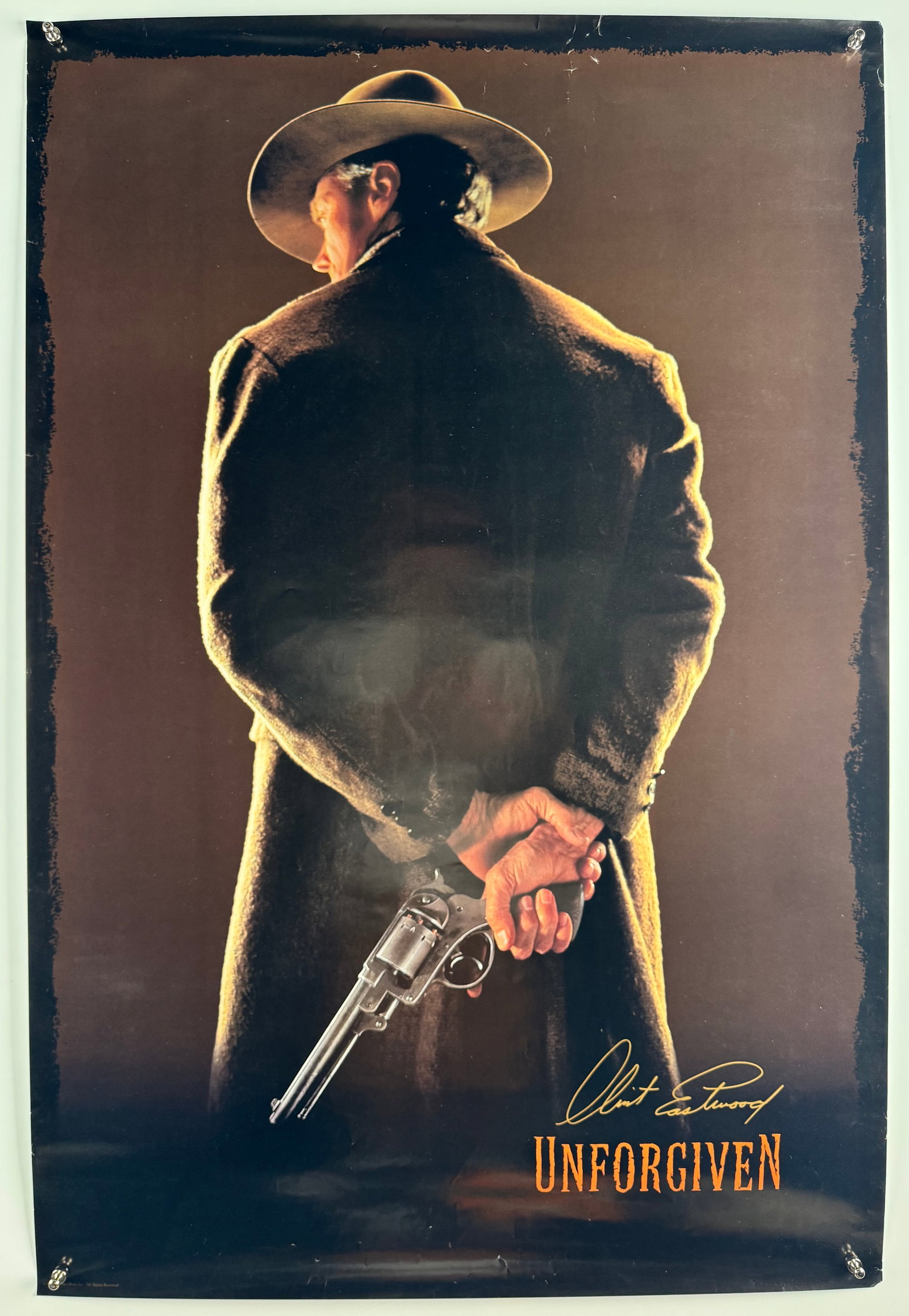 Unforgiven 1992 Original US Teaser One Sheet Poster Clint Eastwood Academy Award Western: This original undated U.S. teaser one sheet was issued by Warner Bros. for Clint Eastwood's 1992 film Unforgiven. Measures approximately 27 x 40 1/2 inches. The design shows Eastwood as William Munny 