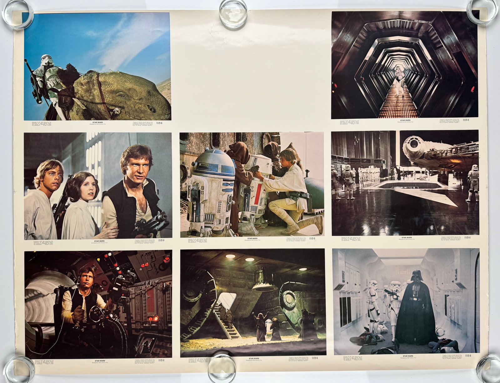 Star Wars A New Hope 1977 Original First Printing Uncut Lobby Card Printer Sheet NSS 77/21-0 46x35: This original 1977 first-printing uncut lobby-card printer sheet was produced for the theatrical release of George Lucas’s Star Wars. The 46 x 35 inch sheet contains eight color lobby cards depictin