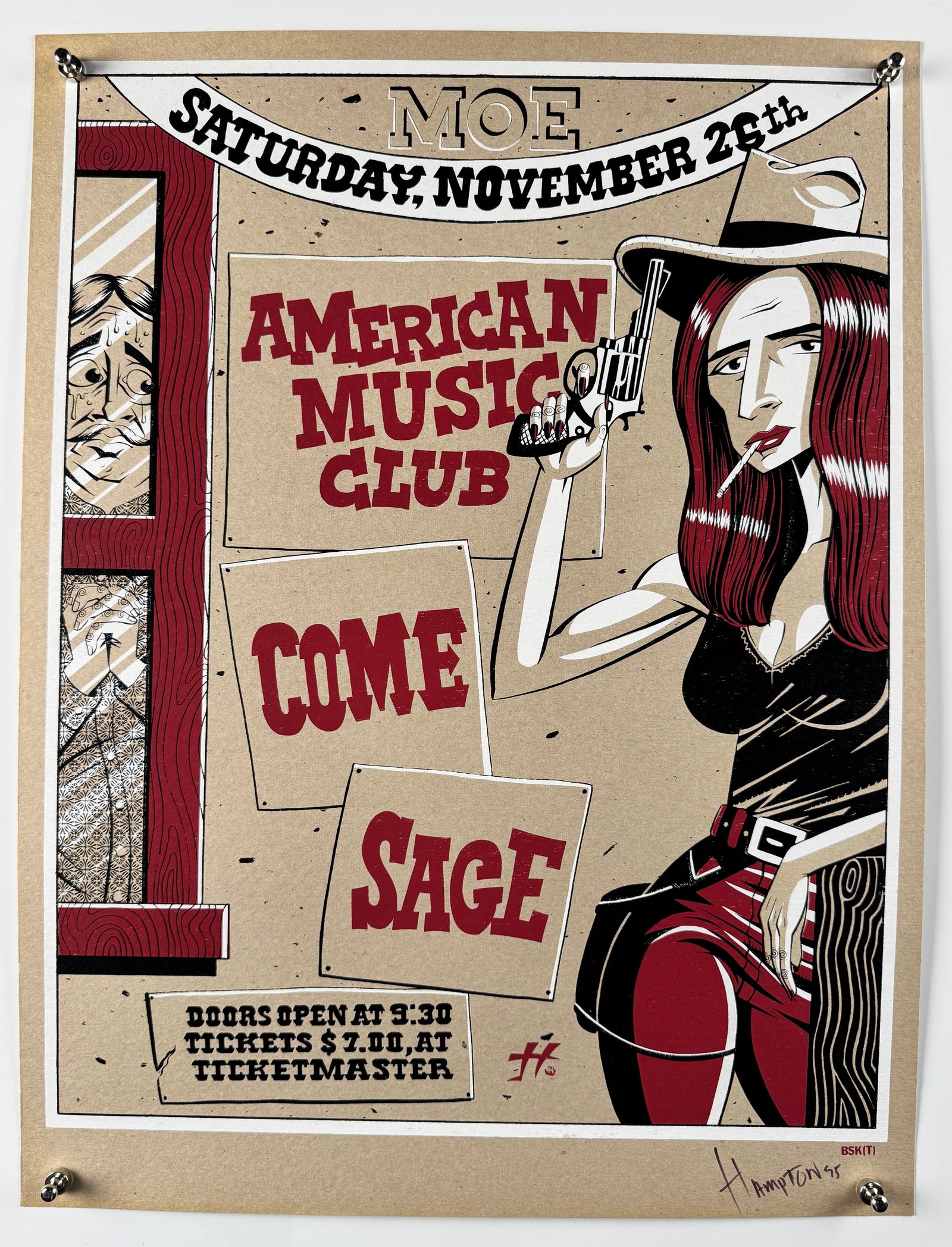 American Music Club Come Sage 1995 Concert Poster Justin Hampton Signed Numbered Silkscreen: Signed and numbered 1995 Justin Hampton silkscreen for American Music Club, Come, and Sage. San Francisco's American Music Club was led by acclaimed songwriter Mark Eitzel, with the classic-era group 
