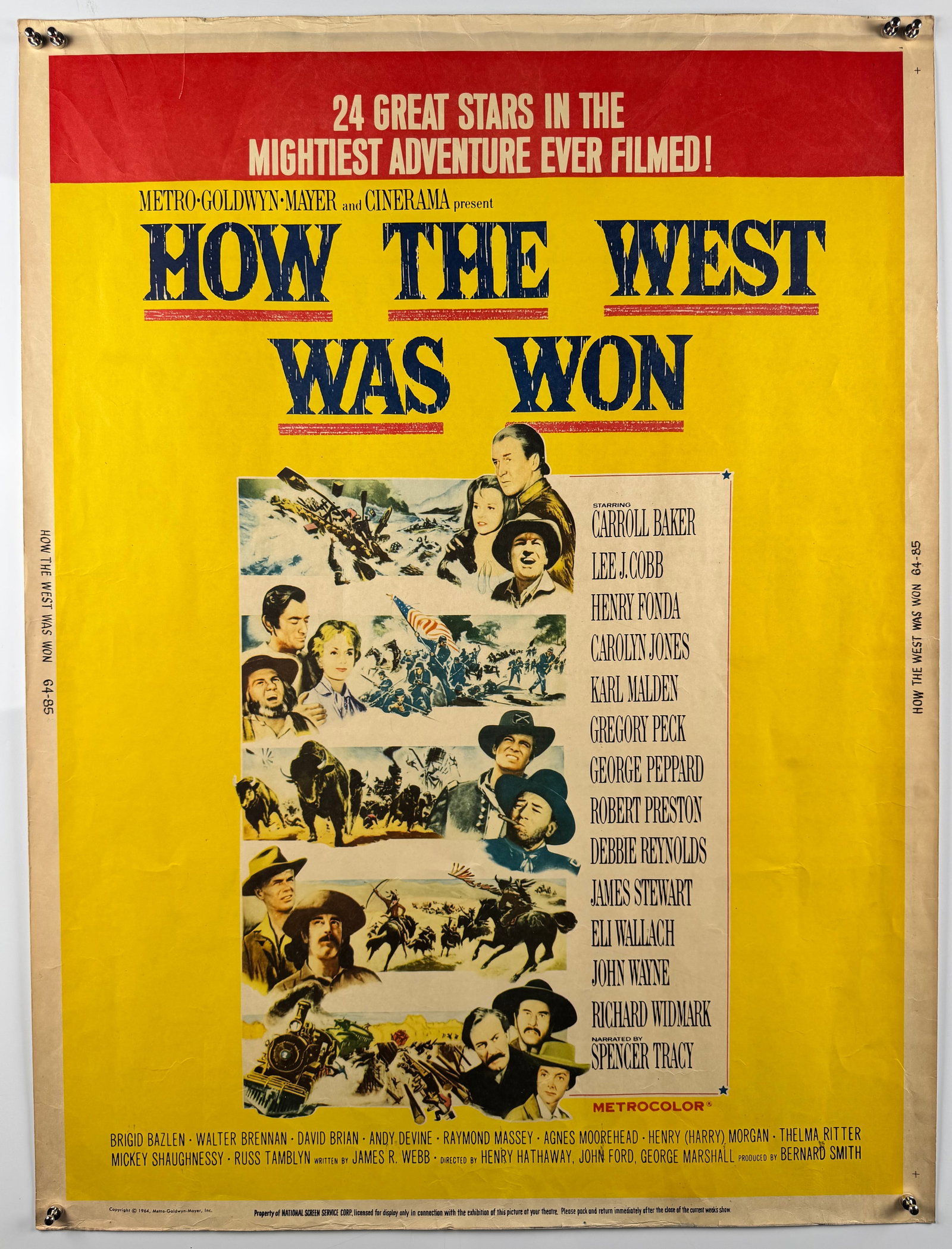 How the West Was Won 1964 John Wayne MGM Original US 30x40 Cinerama Western Movie Poster Unfolded: Original US 30 x 40 theatrical poster issued by MGM for How the West Was Won in 1964, bearing National Screen Service number 64/85. Printed on heavier stock, this format was issued unfolded and will s