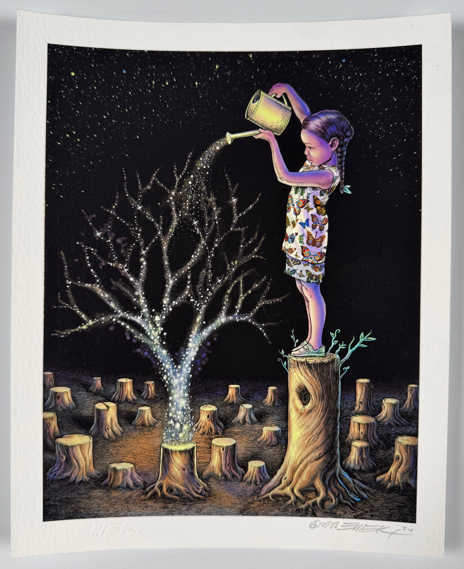 EMEK Star Tree Girl 2024 Signed Numbered Limited Edition Screen Print 2020s Modern Fine Art Poster: EMEK is an acclaimed American graphic artist known for integrating socio-political themes into intricate, psychedelic illustrations. This piece is a limited edition screen print titled "Star Tree Girl