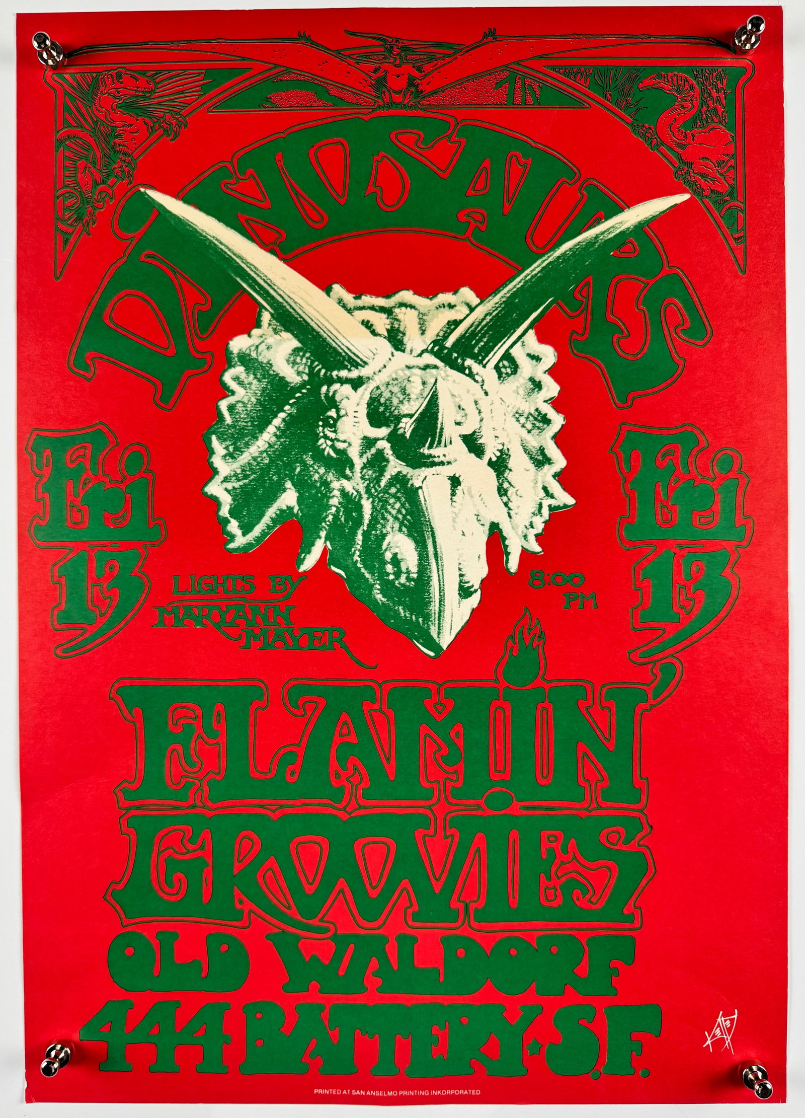 Dinosaurs Flamin Groovies 1982 Old Waldorf Alton Kelley Original Concert Poster San Francisco 14x20: Original 1982 color concert poster designed by Alton Kelley for The Dinosaurs with Flamin' Groovies at the Old Waldorf, 444 Battery Street, San Francisco. It advertises Friday, August 13 at 8 PM and c