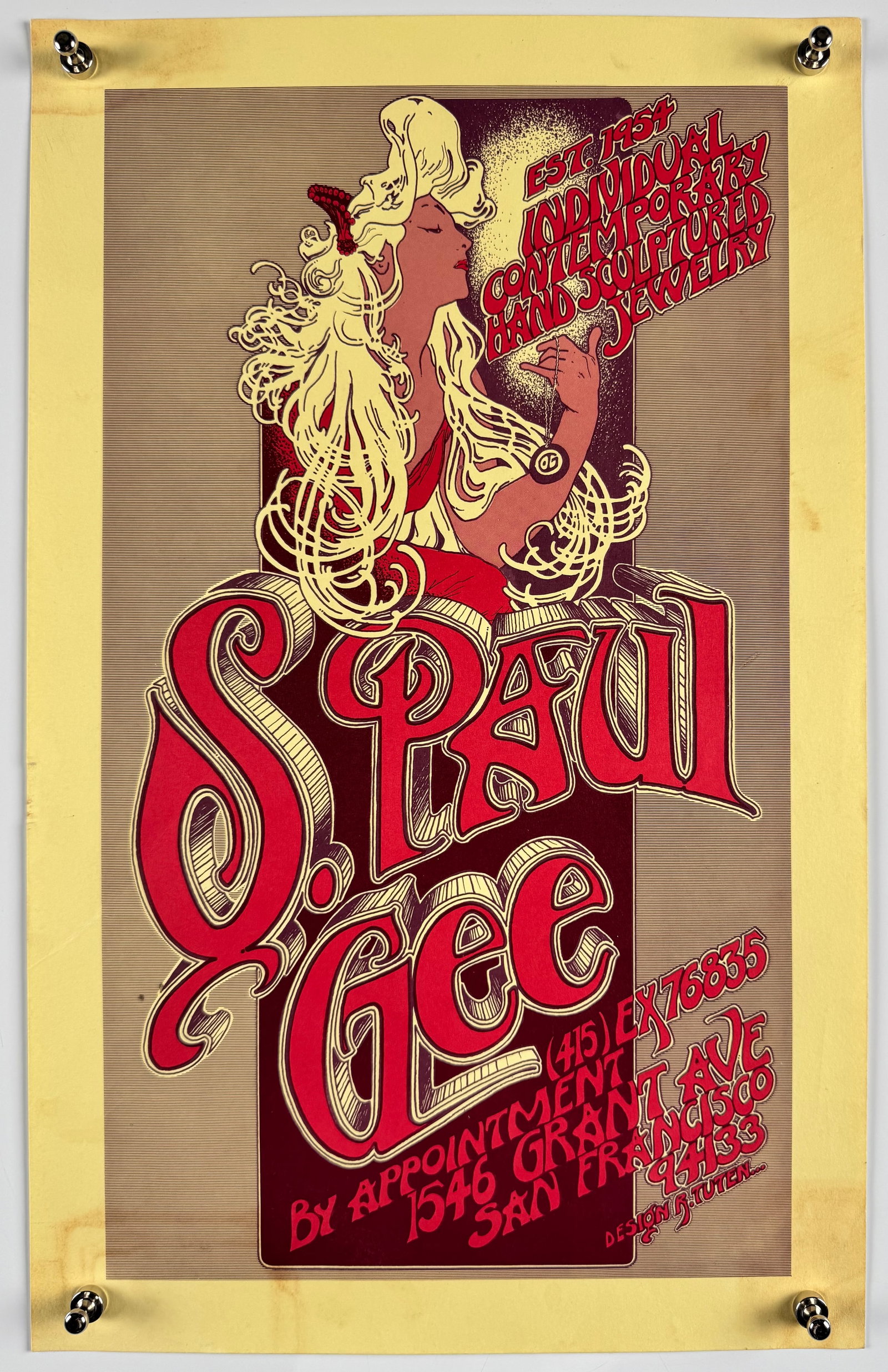 S. Paul Gee Modernist Jewelry Randy Tuten 1970 Original Psychedelic San Francisco Advertising Poster: Original offset-printed advertising poster for S. Paul Gee, a modernist jeweler based at 1546 Grant Avenue in San Francisco. Designed by Randy Tuten in 1970, it promotes individual contemporary hand-s