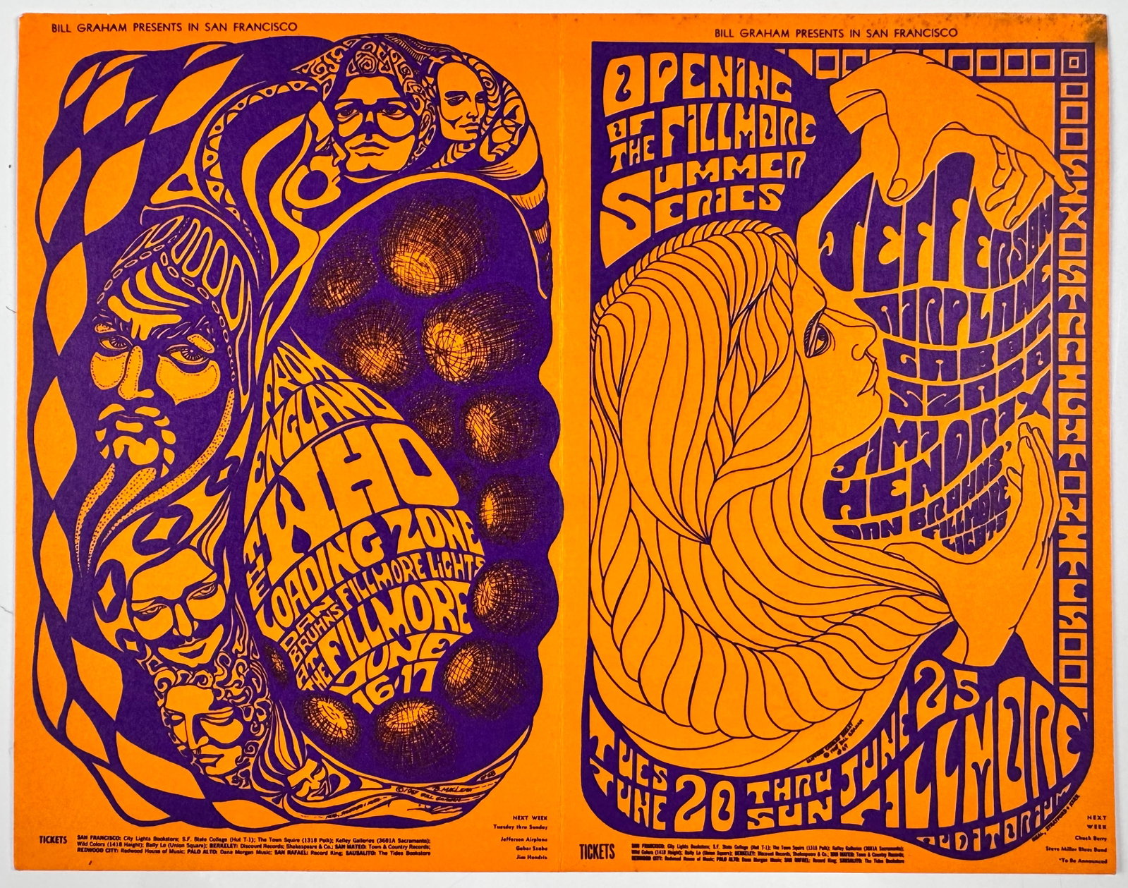 The Who Jimi Hendrix Jefferson Airplane 1967 Fillmore BG-68 BG-69 Original Uncut Double Postcard (1 of 7)