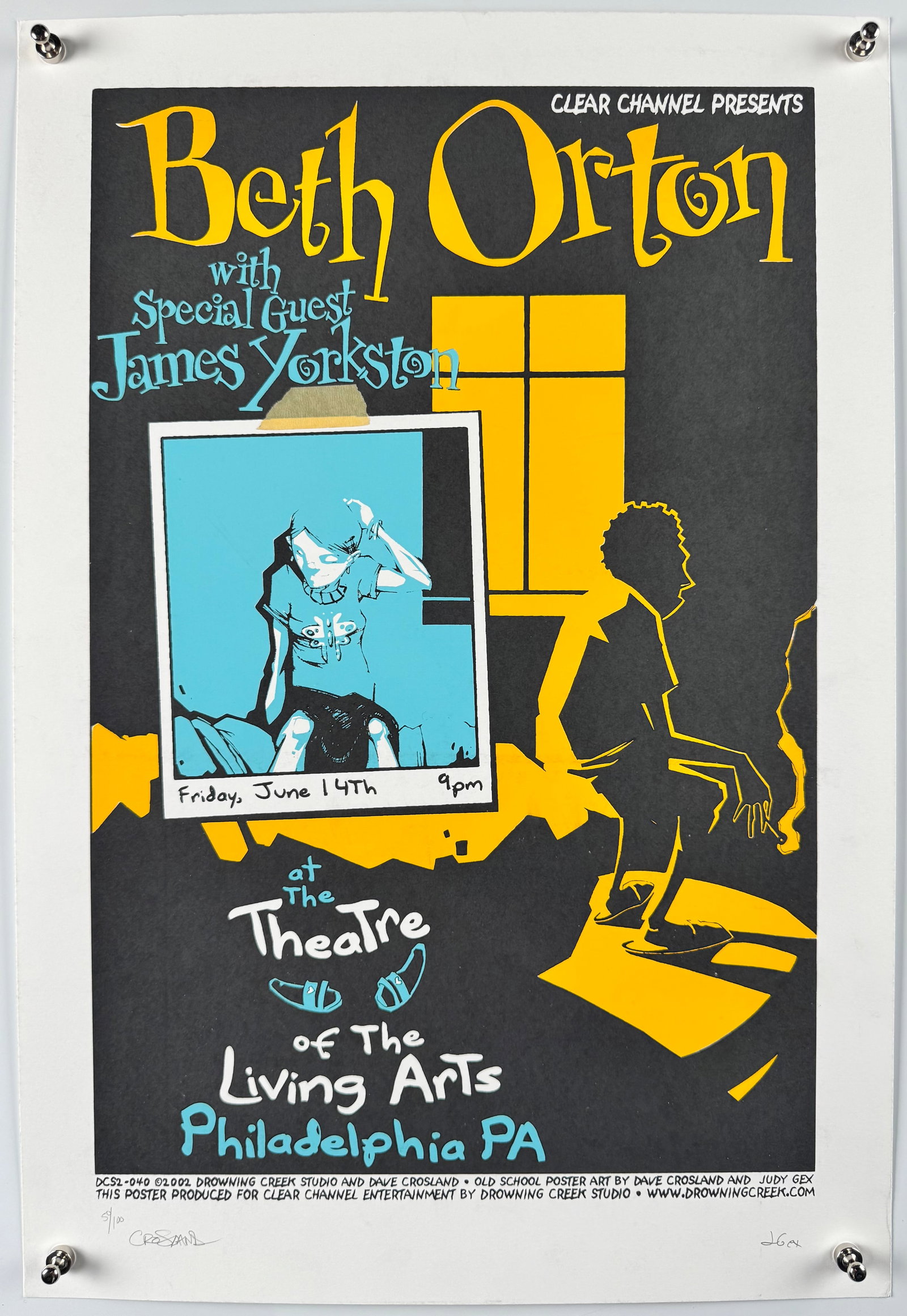 Beth Orton James Yorkston 2002 Philadelphia Poster Drowning Creek Signed Numbered Edition 100: Signed and numbered Drowning Creek concert poster for Beth Orton and James Yorkston at the Theatre of Living Arts in Philadelphia on June 14, 2002, from an edition of 100. The art is credited to Judy 