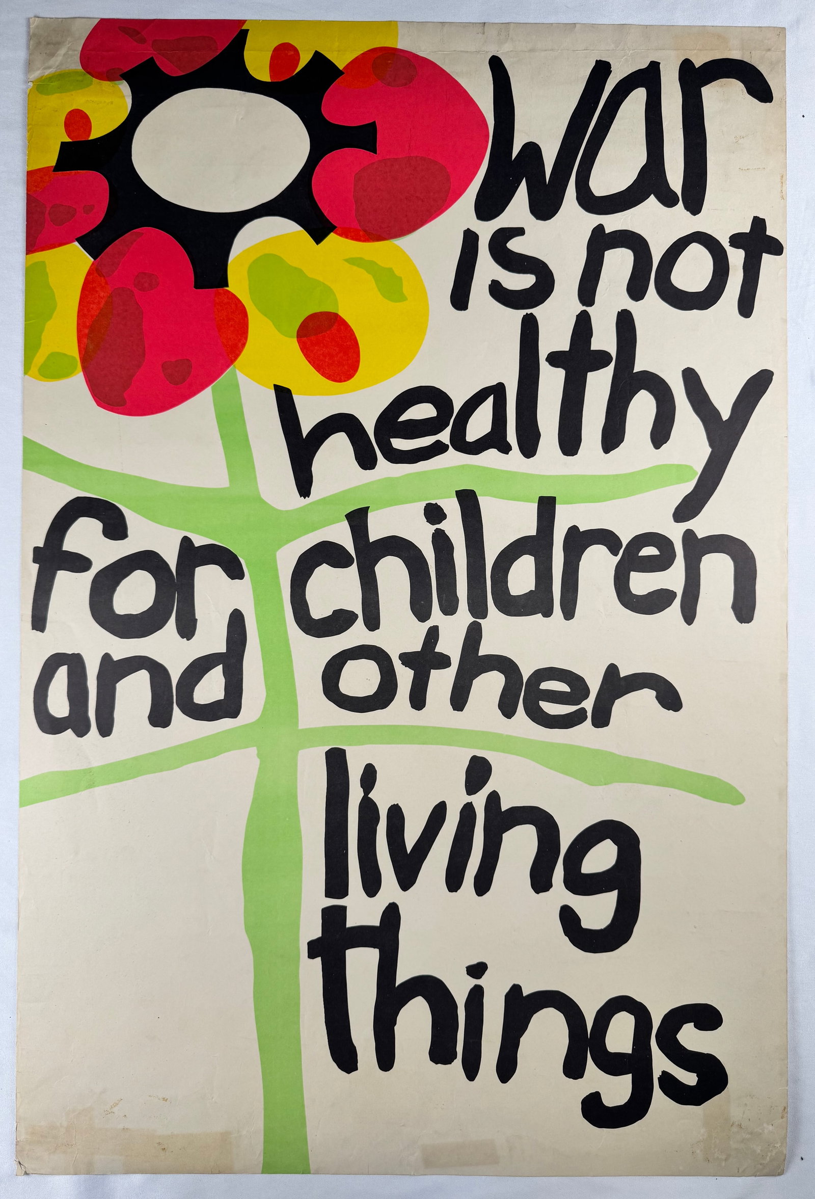 War Is Not Healthy for Children and Other Living Things Original Vintage Poster 20.5x31": Anti-war poster created during the Vietnam war. Late 60s/ Early 70s. Aging and tape residue at corners and age toning throughout.