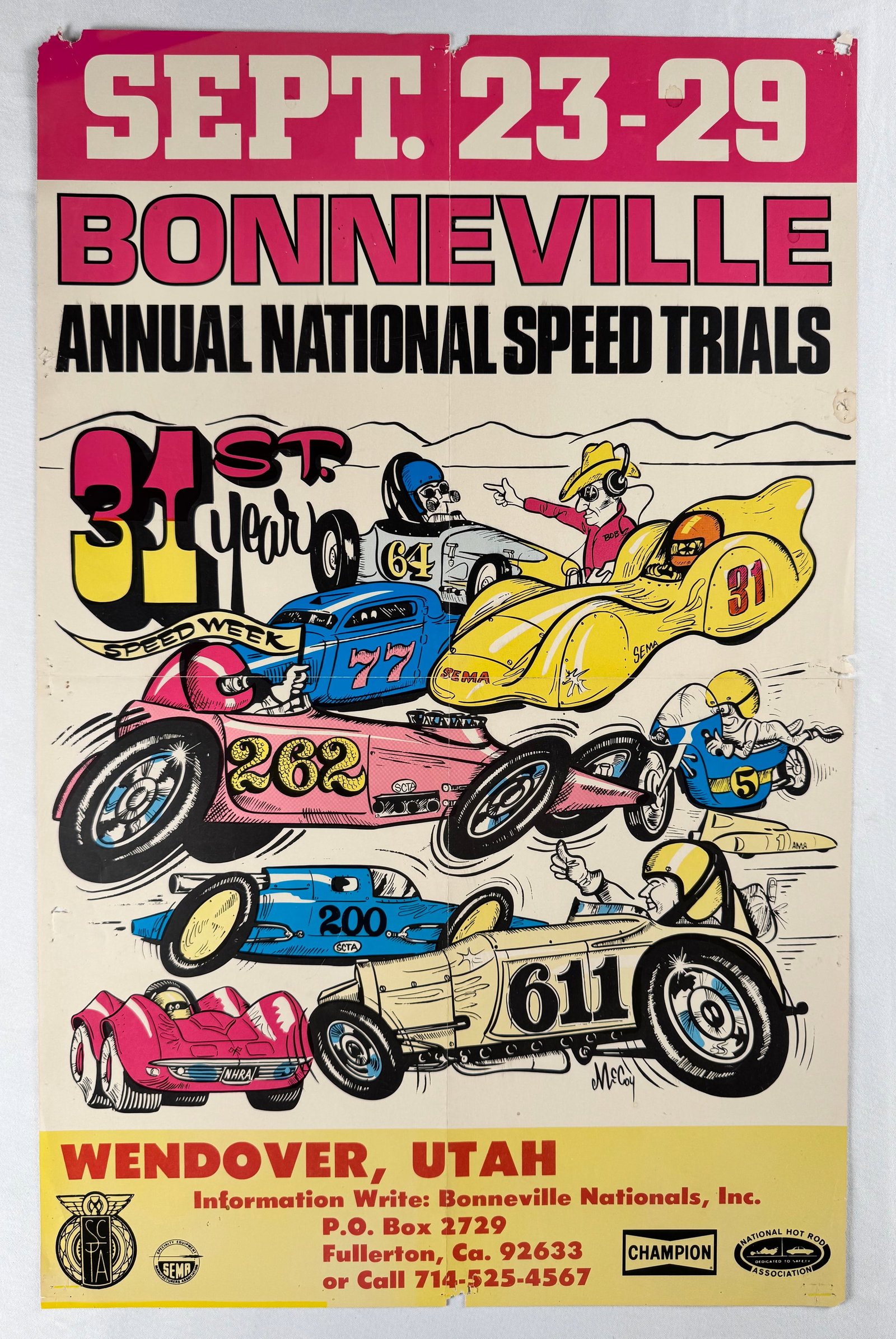 Bonneville Annual National Speed Trials 1979 Racing Original Poster 14x22": Poster advertising the Bonneville Annual National Speed Trials held September 23–29 1979. Features illustrated race cars and event details for Wendover Utah.
