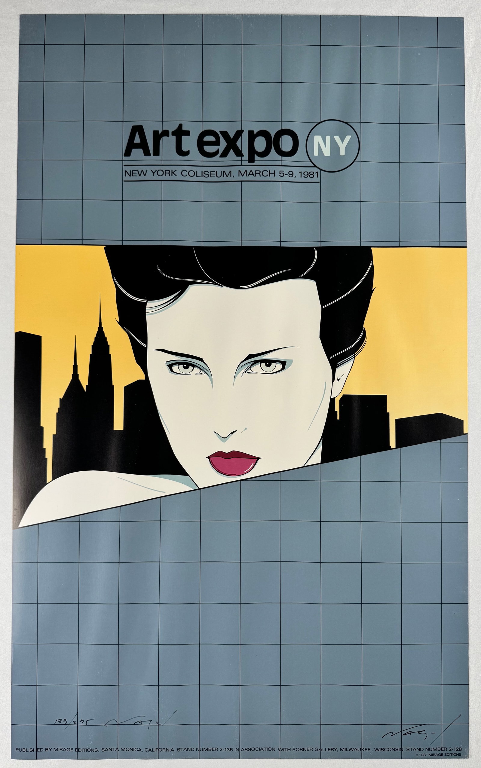 Patrick Nagel Hand Signed Numbered 133/275 Lithograph Art Expo NY New York Mirage Editions 1981: Promotional poster for Art Expo New York held March 5–9 1981 at the New York Coliseum. Published by Mirage Editions, signed and numbered by Patrick Nagel.