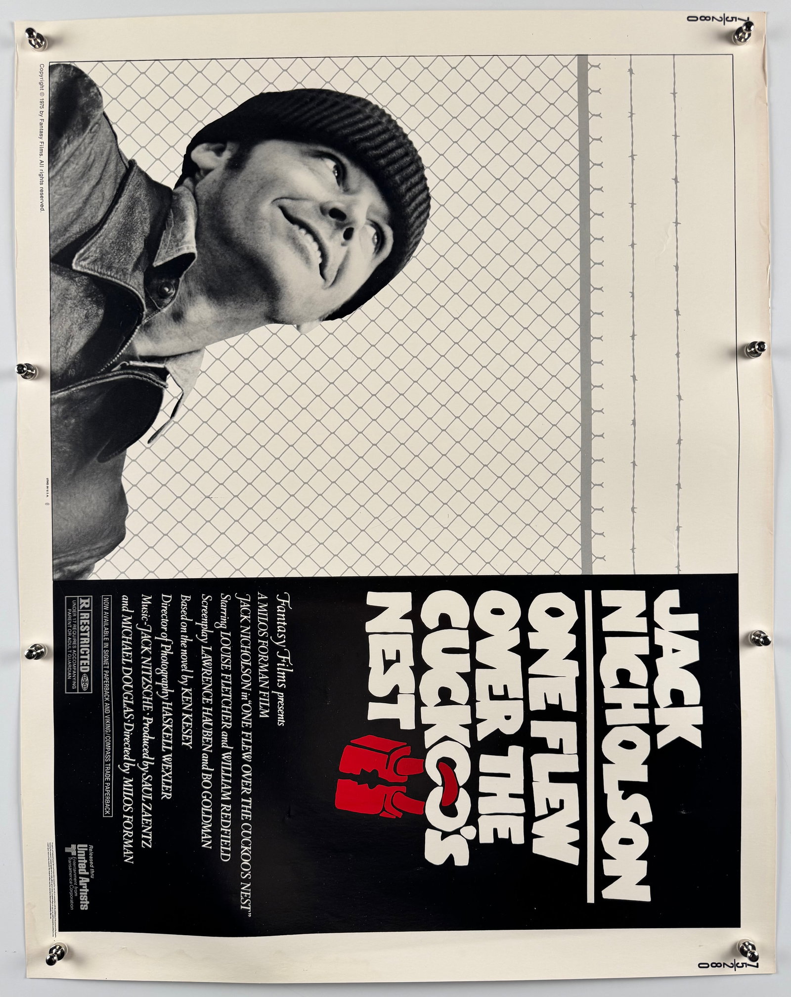 One Flew Over the Cuckoo's Nest 1975 Original Half Sheet Poster Jack Nicholson Milos Forman 22x28: Original U.S. half-sheet poster for Miloš Forman’s acclaimed 1975 film adapted from the novel by Ken Kesey and starring Jack Nicholson and Louise Fletcher. The film became only the second movie in 