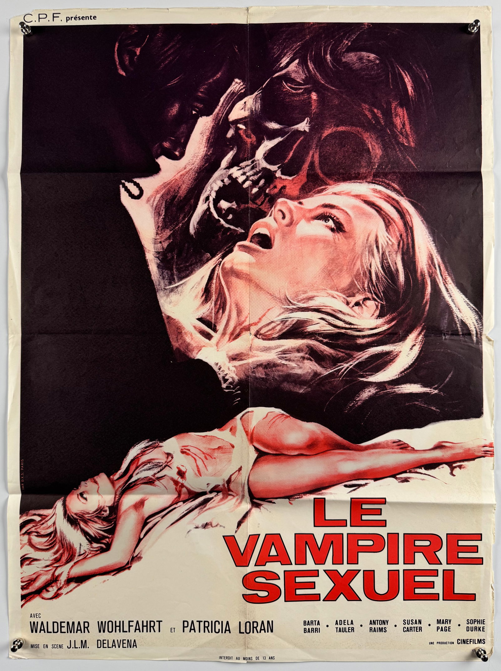 Le Vampire Sexuel 1972 Original First Release French Affiche Poster The Horrible Sexy Vampire 23x32: Original French affiche produced for the film's first French release in 1972. Le Vampire Sexuel was also released as The Horrible Sexy Vampire and stars Waldemar Wohlfahrt and Patricia Loran. Measures