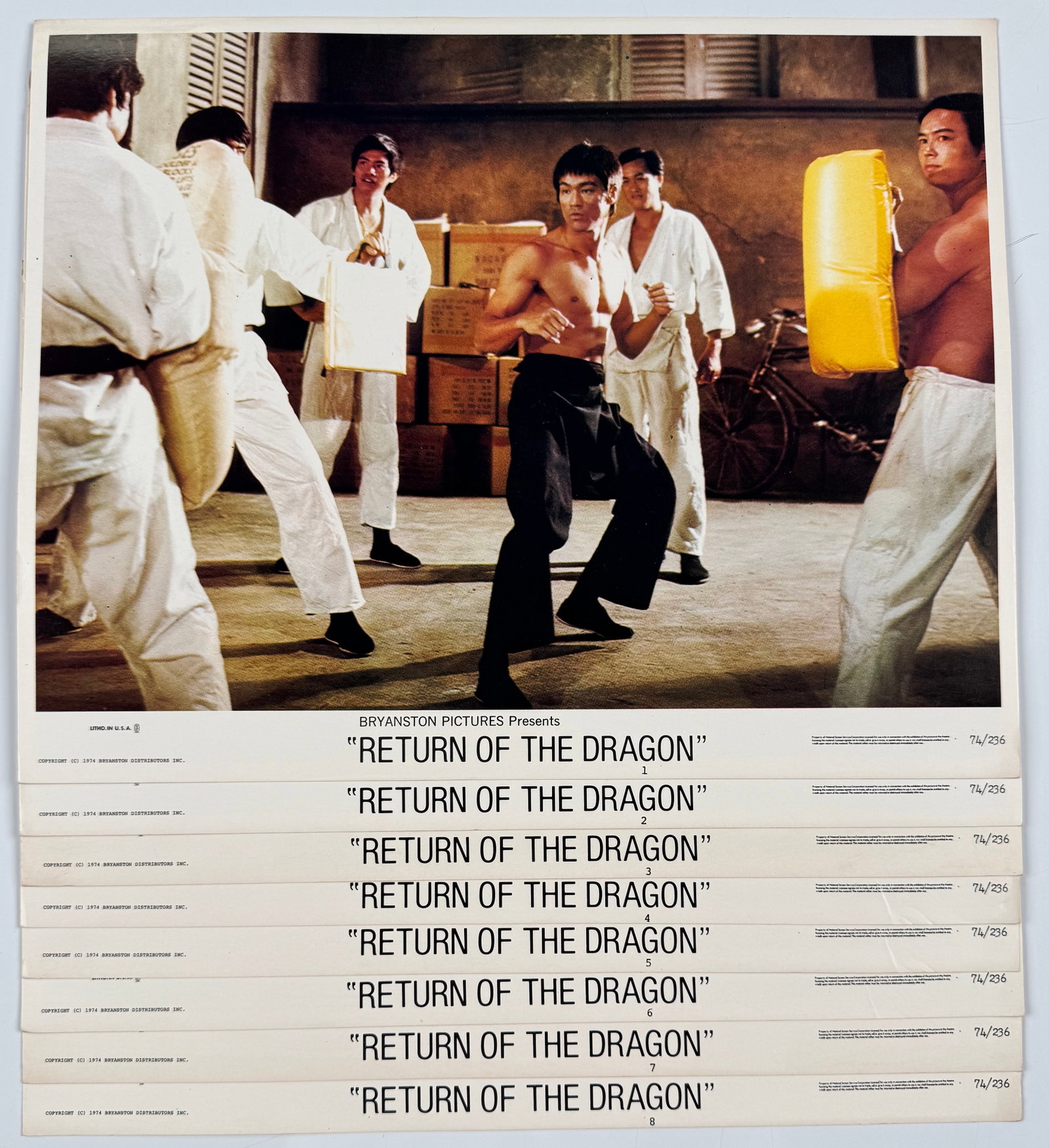Return of the Dragon 1974 Complete 8 Lobby Card Set Bruce Lee Chuck Norris NSS 74/236 11x14 Color (1 of 8)
