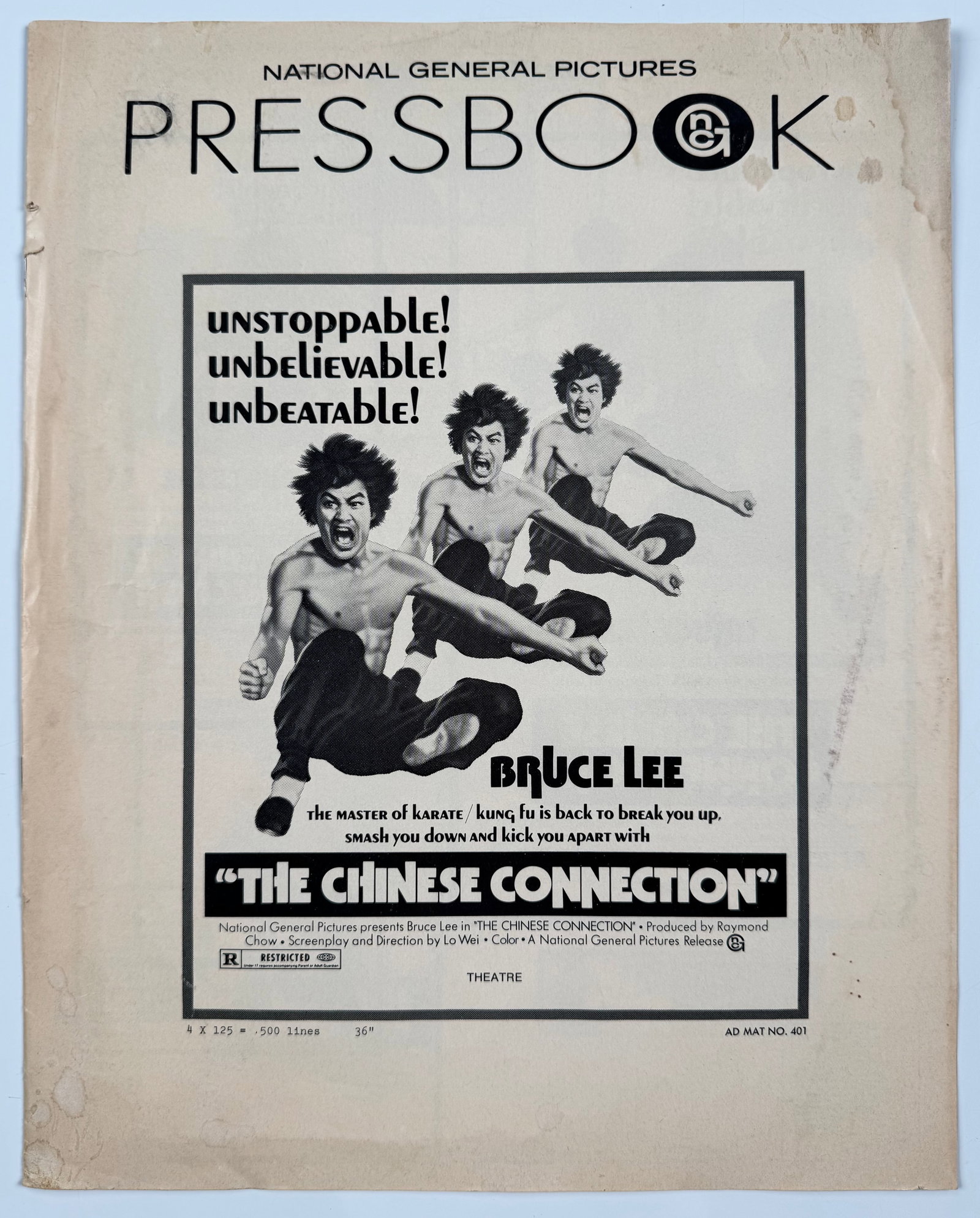 The Chinese Connection 1973 Original US Pressbook Bruce Lee National General Martial Arts Film 11x14: Original US theatrical pressbook issued by National General Pictures for the 1973 release of The Chinese Connection, the North American title for Fist of Fury. The approximately 11 x 14 inch exhibitor