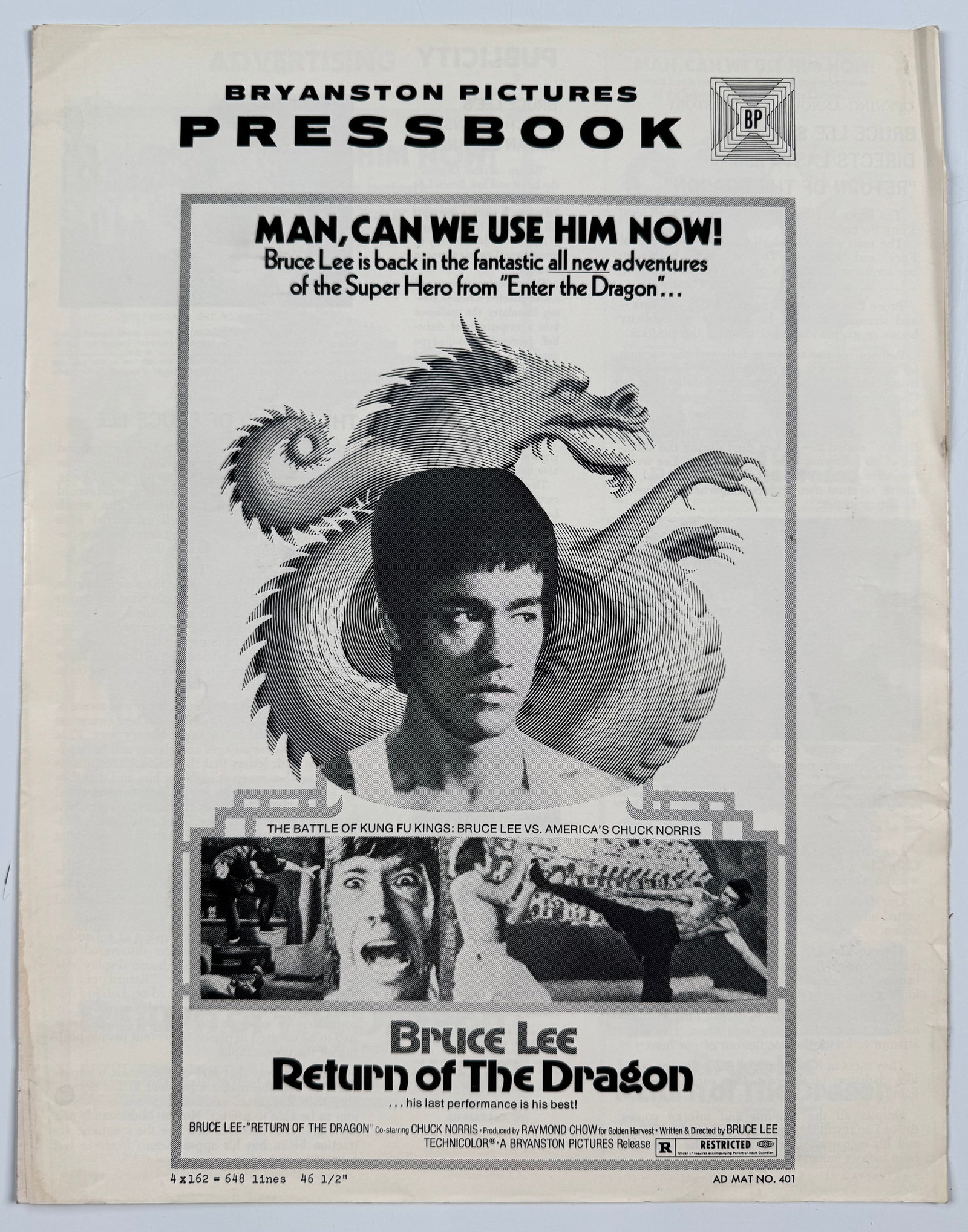 Return of the Dragon 1974 Original US Pressbook Bruce Lee Chuck Norris Bryanston Martial Arts Film: Original US theatrical pressbook issued by Bryanston Pictures for the 1974 release of Return of the Dragon. The approximately 11 x 14 inch exhibitor publication contains advertising layouts and public