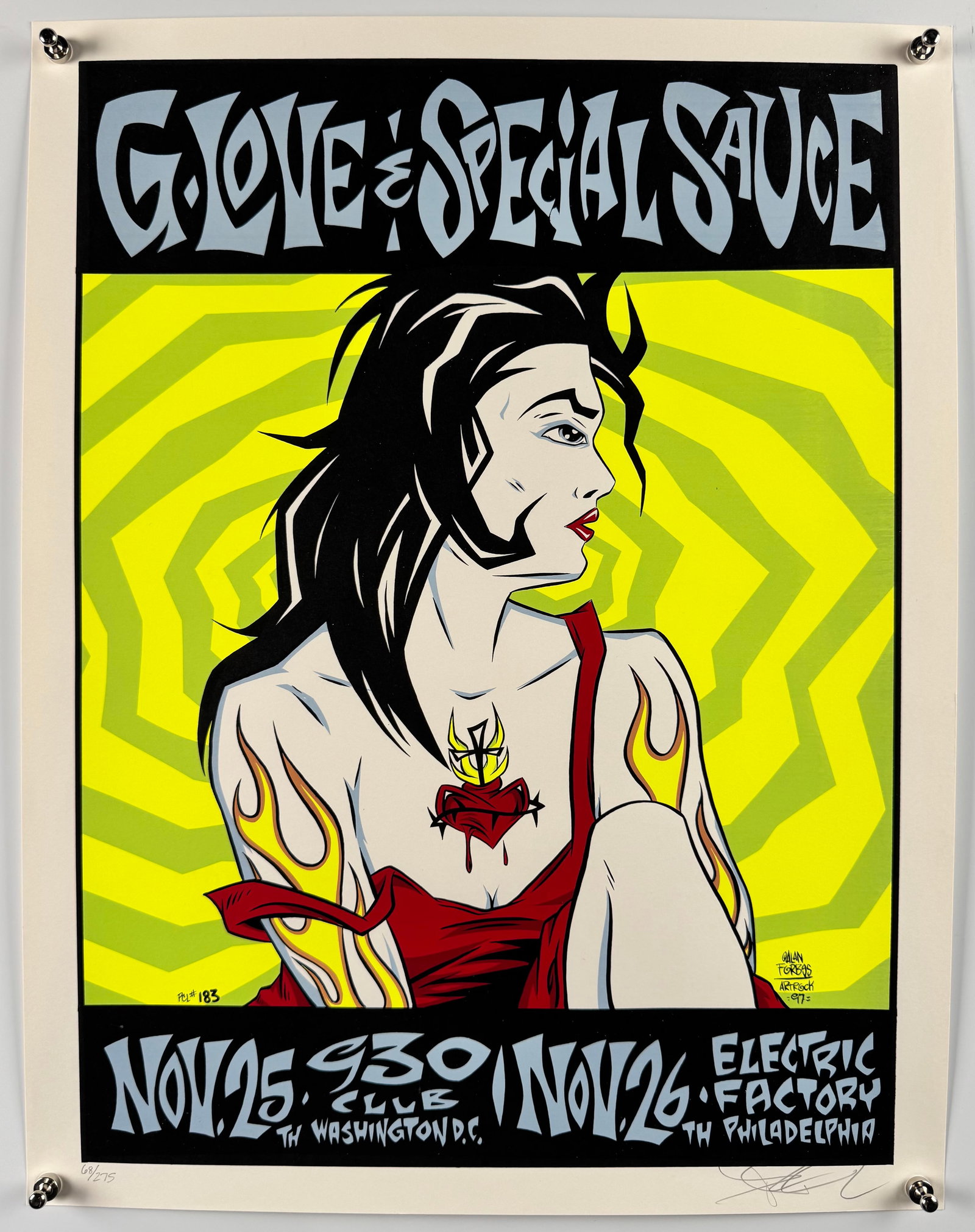 G. Love & Special Sauce 1997 9:30 Club Electric Factory Poster Alan Forbes Signed Silkscreen: Signed Alan Forbes silkscreen for G. Love & Special Sauce at the 9:30 Club in Washington, D.C., and the Electric Factory in Philadelphia in 1997. G. Love & Special Sauce formed in Philadelphia around 