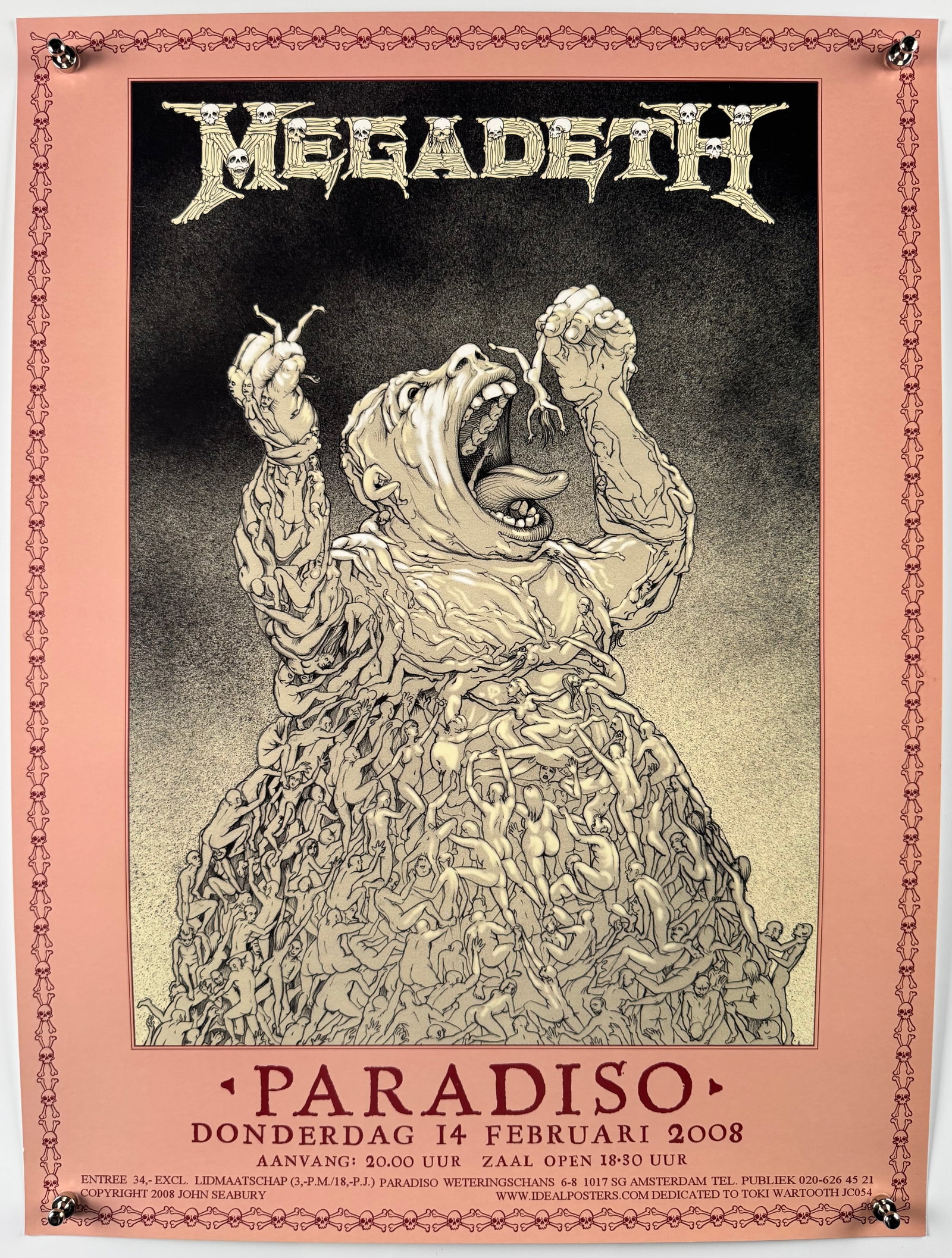 Megadeth 2008 Paradiso Amsterdam Poster John Seabury Signed Numbered 300 Thrash Metal 18x24: Signed and numbered John Seabury concert poster for Megadeth at the Paradiso in Amsterdam on February 14, 2008, issued in an edition of 300 and measuring approximately 18 by 24 inches. Megadeth was to