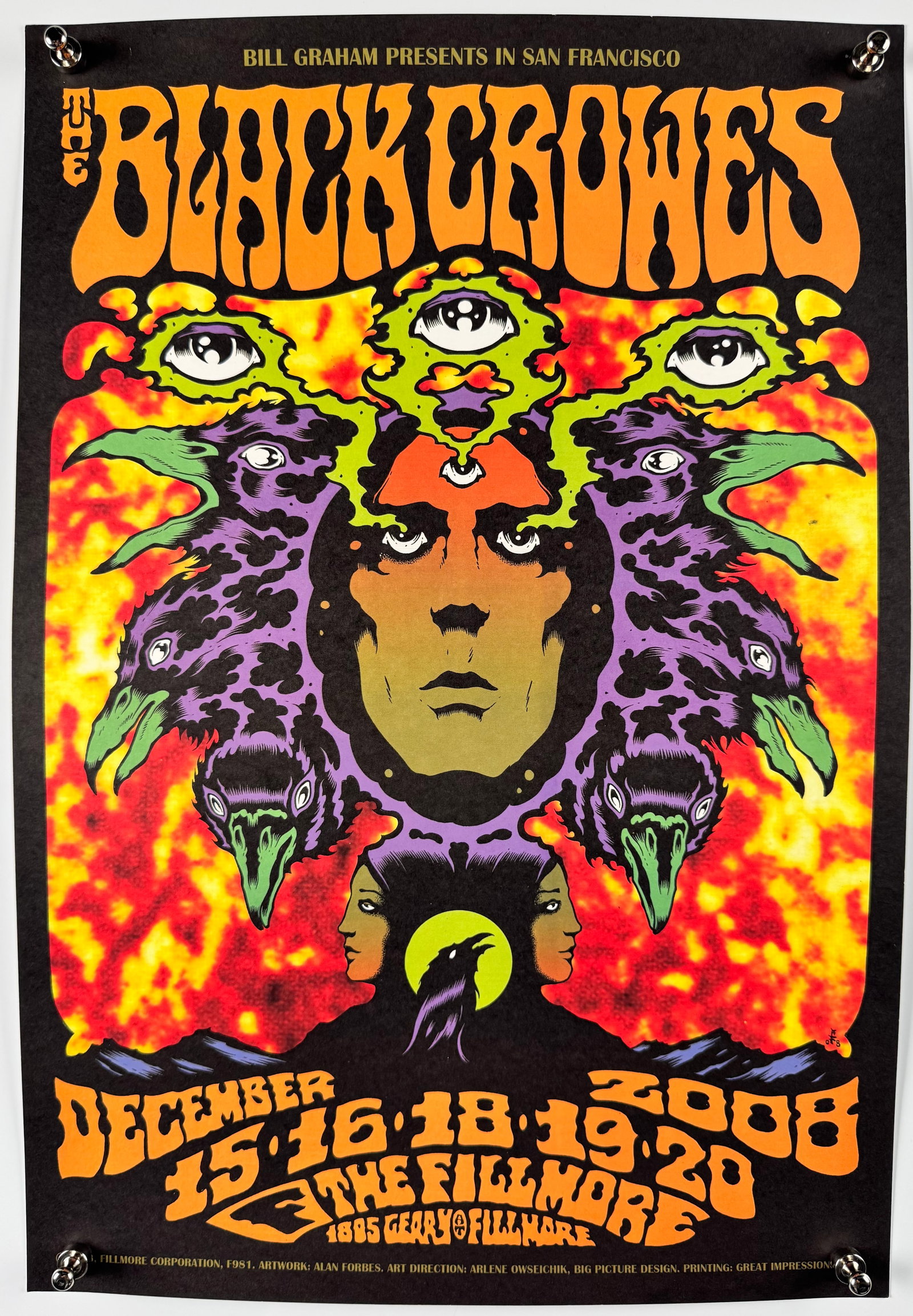Black Crowes Zero 7 Umphrey's McGee Edward Sharpe Margaret Cho Bill Graham Posters Lot 6: Collection of six original Bill Graham Presents concert posters from San Francisco's Fillmore and Warfield series, with catalog numbers and artist credits. Included are: The Black Crowes, December 15,