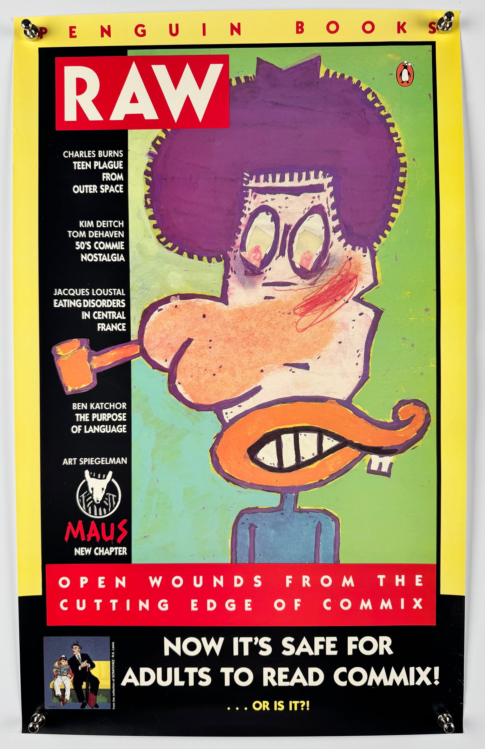 RAW Vol 2 No 1 Open Wounds 1989 Gary Panter Art Spiegelman Penguin Books Promotional Poster: Original Penguin Books promotional poster for RAW Volume 2, Number 1, Open Wounds from the Cutting Edge of Commix, published in 1989. The design reproduces Gary Panter's cover art and names contributo