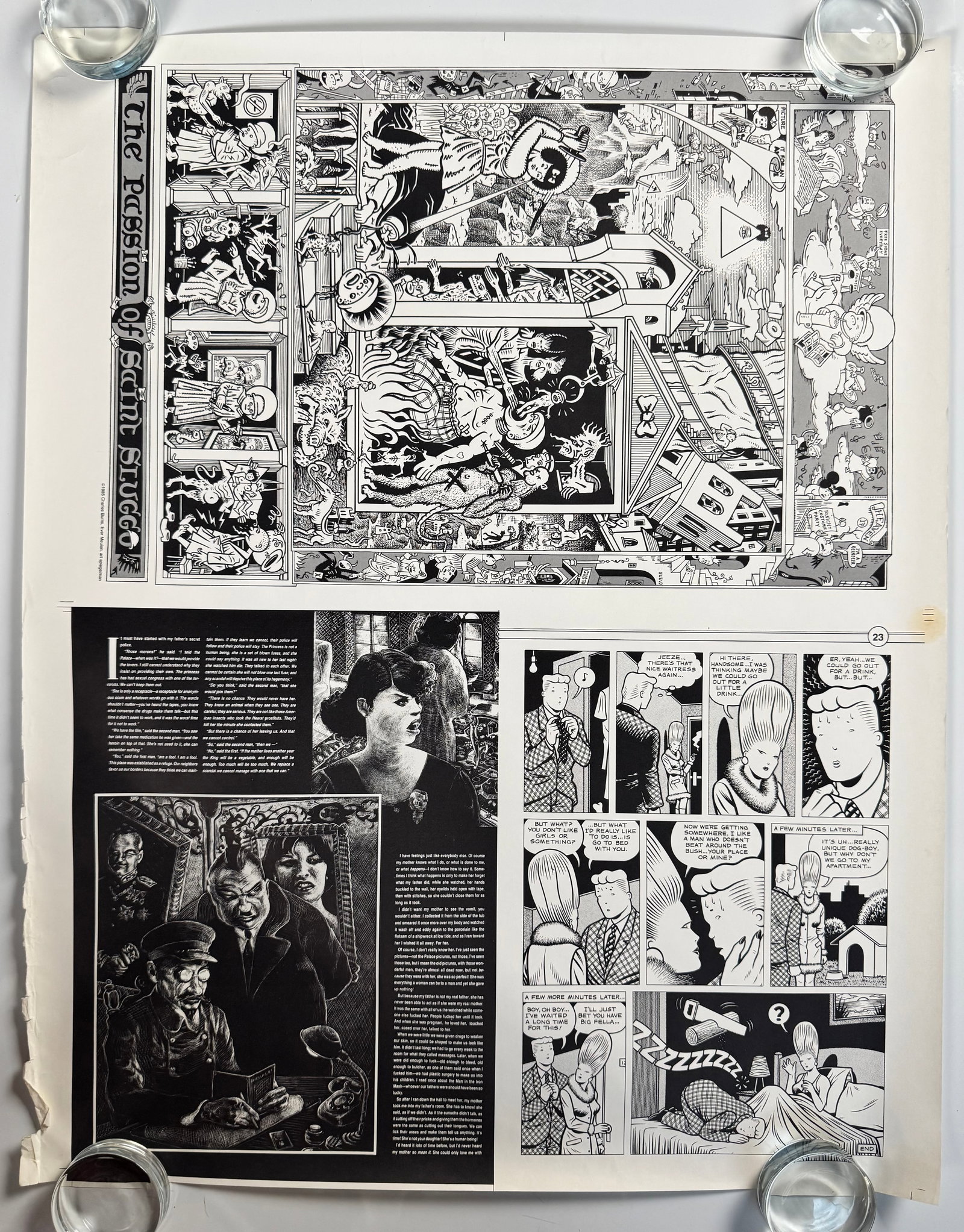 RAW No 8 Art Spiegelman Charles Burns Passion of Saint Sluggo Uncut Interior Proof Sheet 1986: Original uncut black-and-white interior printer proof sheet for RAW Number Eight, published in 1986. The sheet includes The Passion of Saint Sluggo, credited to Charles Burns, Ever Meulen and Art Spie