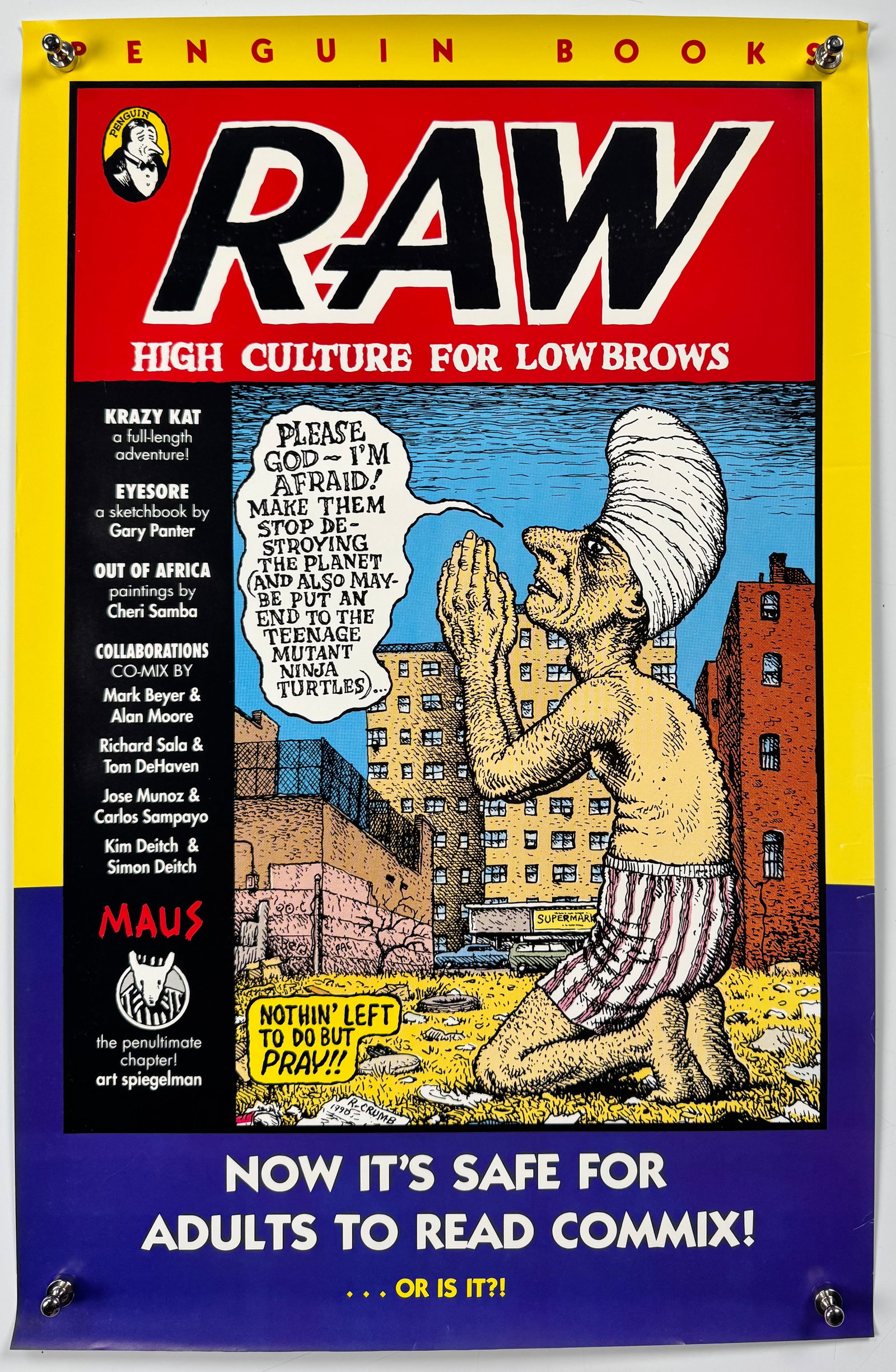 RAW Vol 2 No 3 High Culture for Lowbrows 1991 R Crumb Art Spiegelman Penguin Books Comix Poster: Promotional poster for RAW Volume 2, Number 3, High Culture for Lowbrows, published by Penguin Books in 1991 and edited by Art Spiegelman and Françoise Mouly. The poster reproduces the issue cover wi