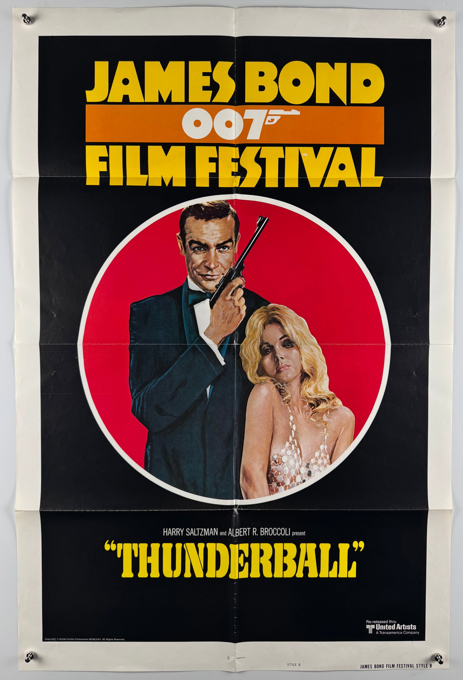 James Bond Film Festival Thunderball 1975 US One Sheet Sean Connery 007 Style B Poster: Original folded U.S. one sheet for the 1975 James Bond Film Festival re-release of Thunderball. Style B artwork features Sean Connery as James Bond with Claudine Auger and was re-released by United Ar