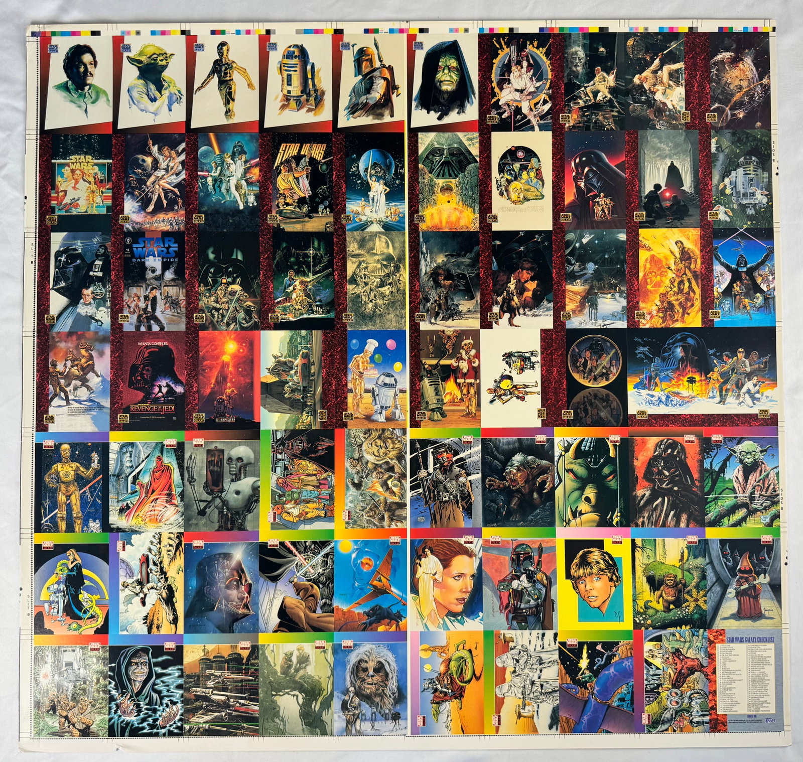 Star Wars Trilogy Poster Art Uncut Trading Card Sheet (1977–1983): Uncut trading card sheet displaying poster artwork from the Star Wars trilogy films released 1977–1983. Films star Mark Hamill, Harrison Ford, and Carrie Fisher.