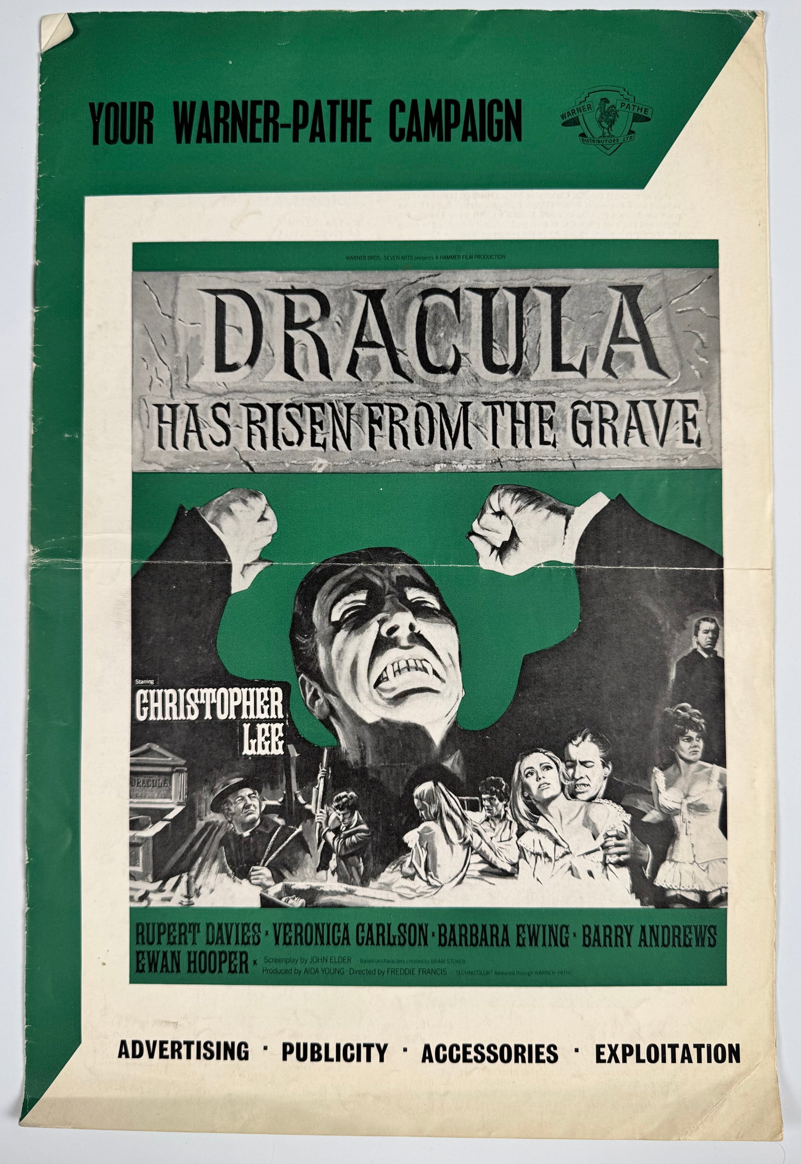 Dracula Has Risen from the Grave 1968 Original UK Warner-Pathe Campaign Pressbook Christopher Lee: Original Warner-Pathe campaign book for Hammer’s 1968 horror film Dracula Has Risen from the Grave. Features Christopher Lee, Rupert Davies, Veronica Carlson, Barbara Ewing, and Barry Andrews, with 
