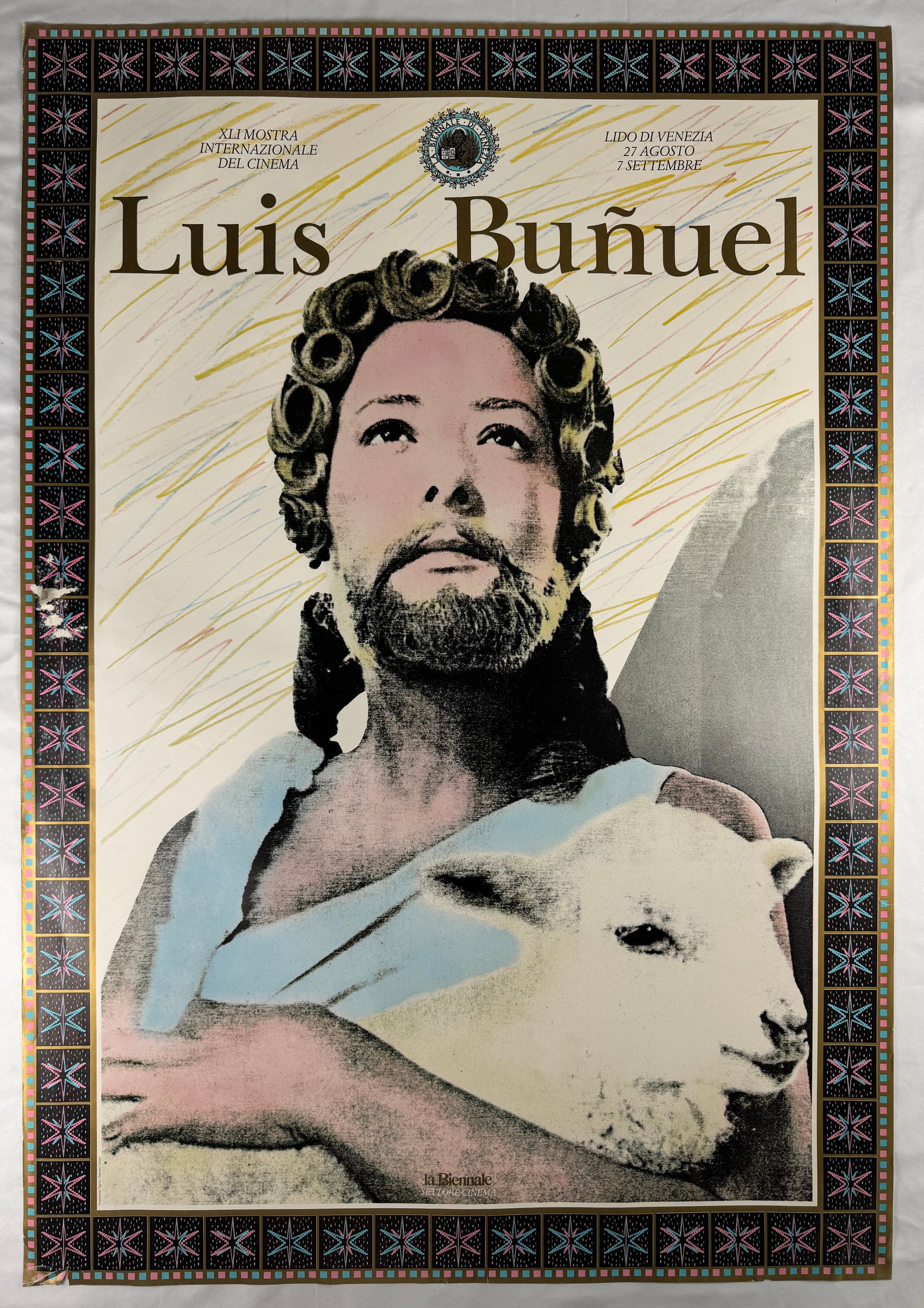 Luis Bunuel Venice Film Festival 1984 Italian Cinema Exhibition Poster 27x39": Poster for the XLI Mostra Internazionale del Cinema at Lido di Venezia honoring filmmaker Luis Buñuel. Features stylized portrait imagery with La Biennale cinema branding and Italian exhibition text.