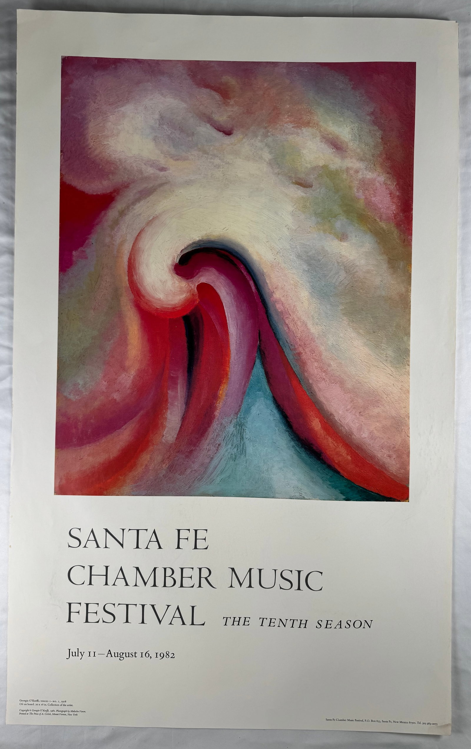 Georgia OKeeffe Santa Fe Chamber Music Festival 1982 Art Poster 24x39": Poster for the Santa Fe Chamber Music Festival tenth season held July 11 to August 16, 1982. Features Georgia O’Keeffe artwork with festival and venue text below.